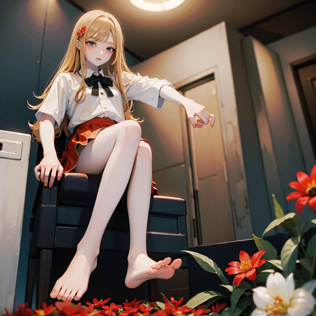 masterpiece, Highest quality, 8k wallpaper, Very detailed, A girl , (Golden Hair:1.1), Long Hair, fine grain、(Red Skirt)、 White dress shirt,(A single large red flower hair ornament:1.1)，Light blue eyes、drunken eyes ，looking down、embarrassed，ceiling，Sitting in a chair、barefoot、footjob、Panties partially removed，Spread your legs