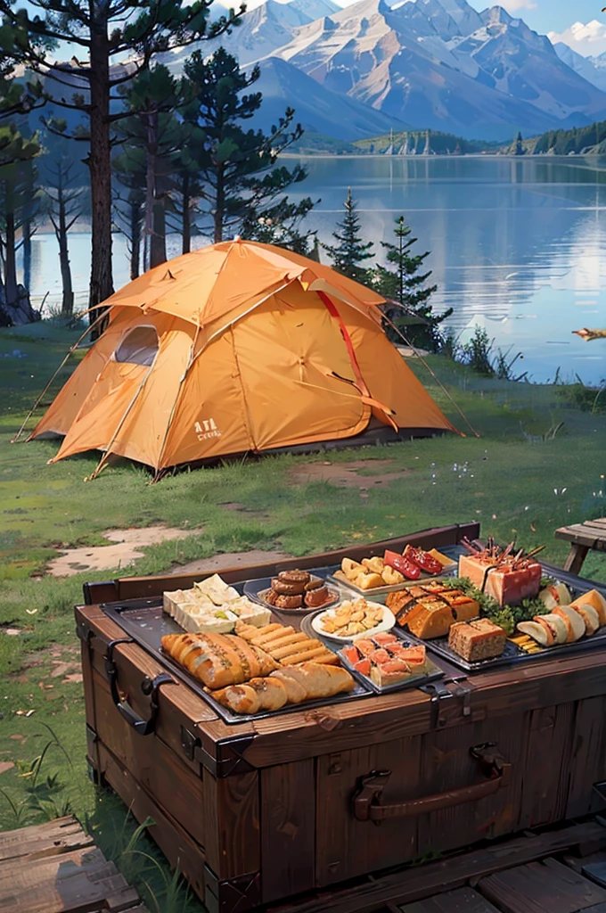 camping，Automatic tent，table，gourmet food，Vision，4K，Park Tent