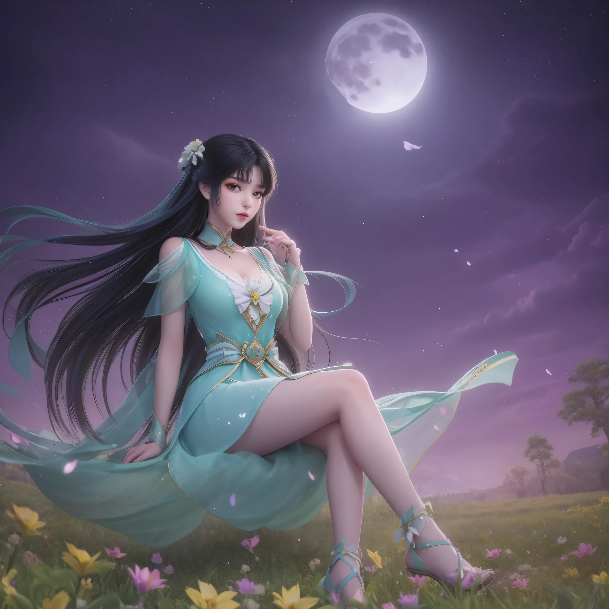 One girl, Girl with long black hair, smile, Hilarious, The girl is sitting in a large flower field, surrounded by beautiful flowers, Calm and peaceful atmosphere, night, moonlight , Beautiful glowing butterflies surround the girl lighting up the darkness of the night, magic,romantic, the night breeze blows the Sepoi Sepoi girl's hair, 