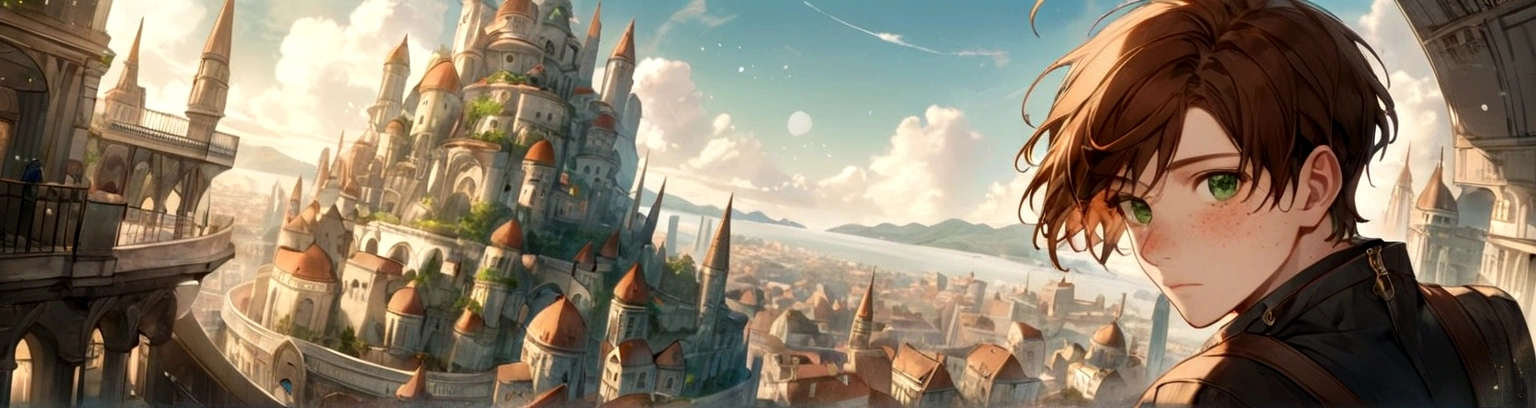 Male, solo, short brown hair, green eyes, freckles, fantasy city background