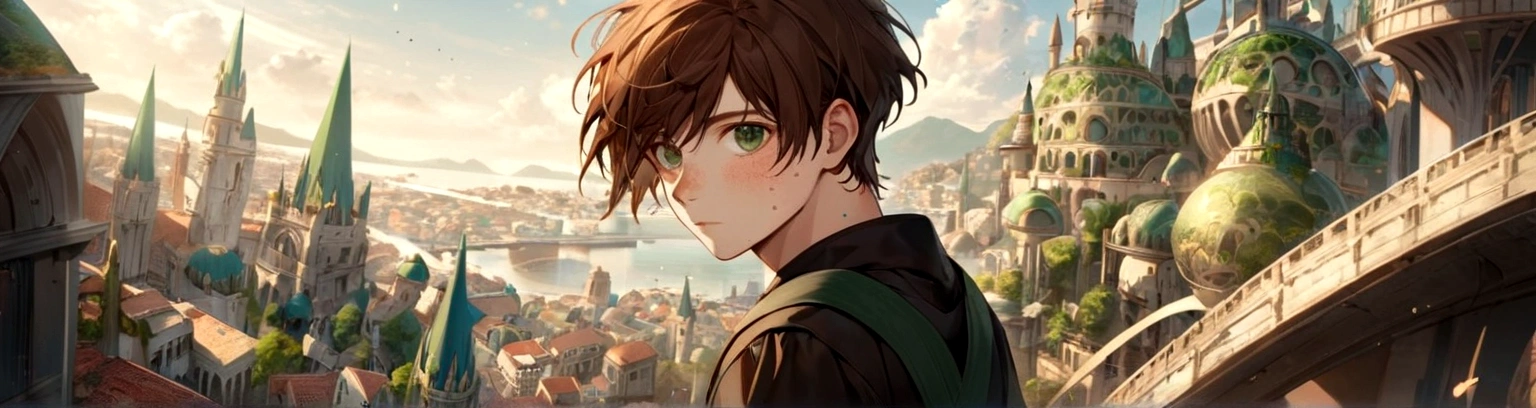 Male, solo, short brown hair, green eyes, freckles, fantasy city background
