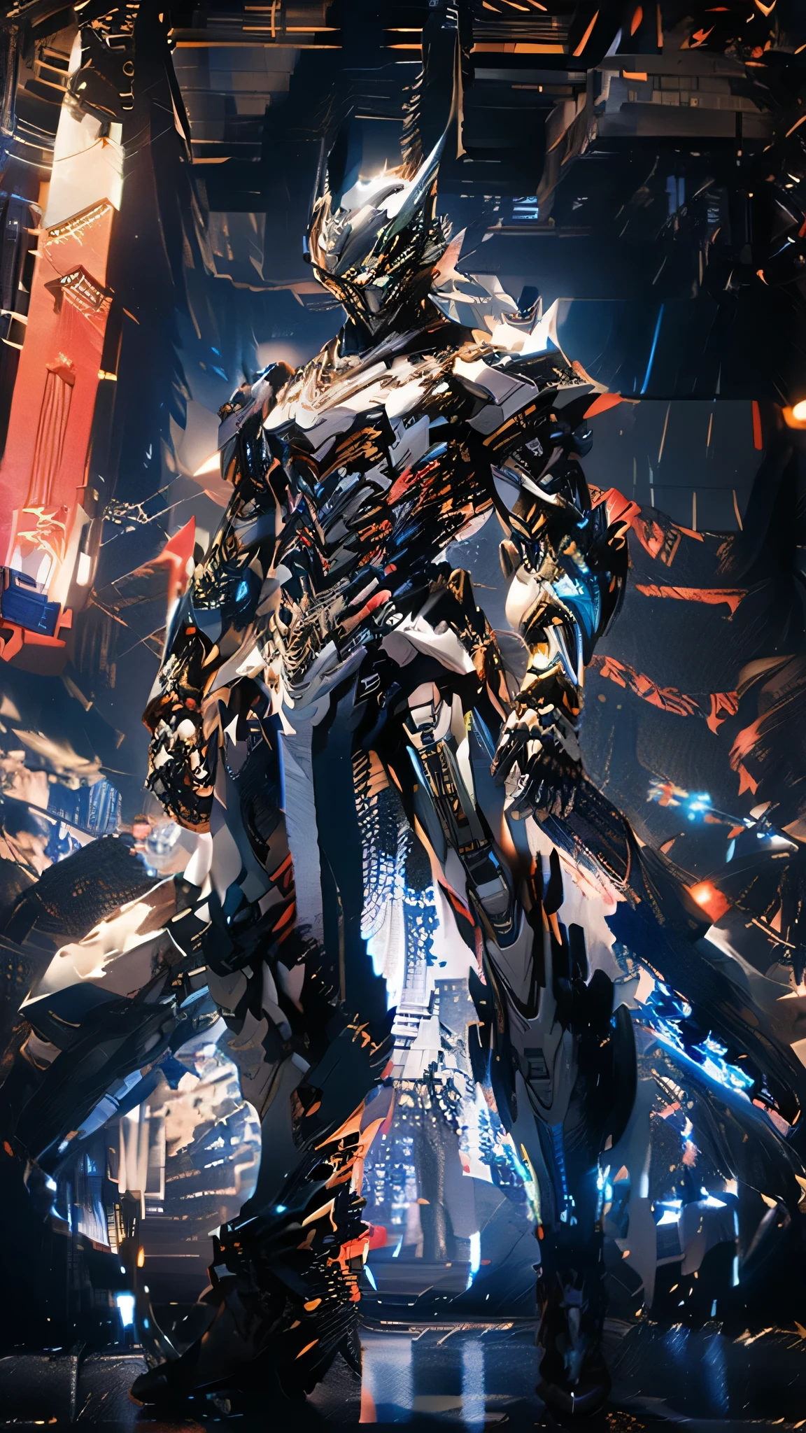 (Masterpiece, best quality:1.4), colorful, high contrast, Genos white shirt, Sleeveless, black pants, mechanical arm, glow, glow eyes, glow hand, stand, fighting posture
