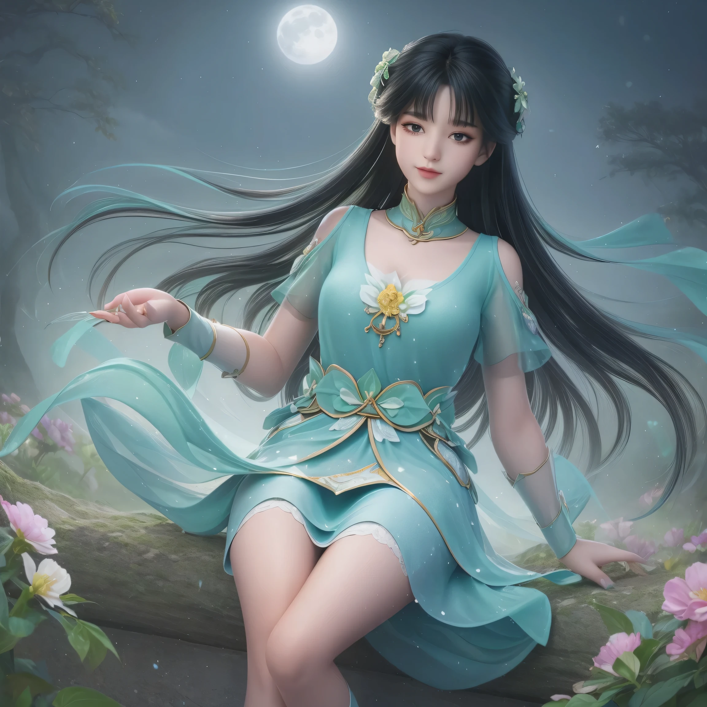 One girl, Girl with long black hair, smile, Hilarious, The girl is sitting in a large flower field, surrounded by beautiful flowers, Calm and peaceful atmosphere, night, moonlight , Beautiful glowing butterflies surround the girl lighting up the darkness of the night, magic,romantic, the night breeze blows the Sepoi Sepoi girl's hair,