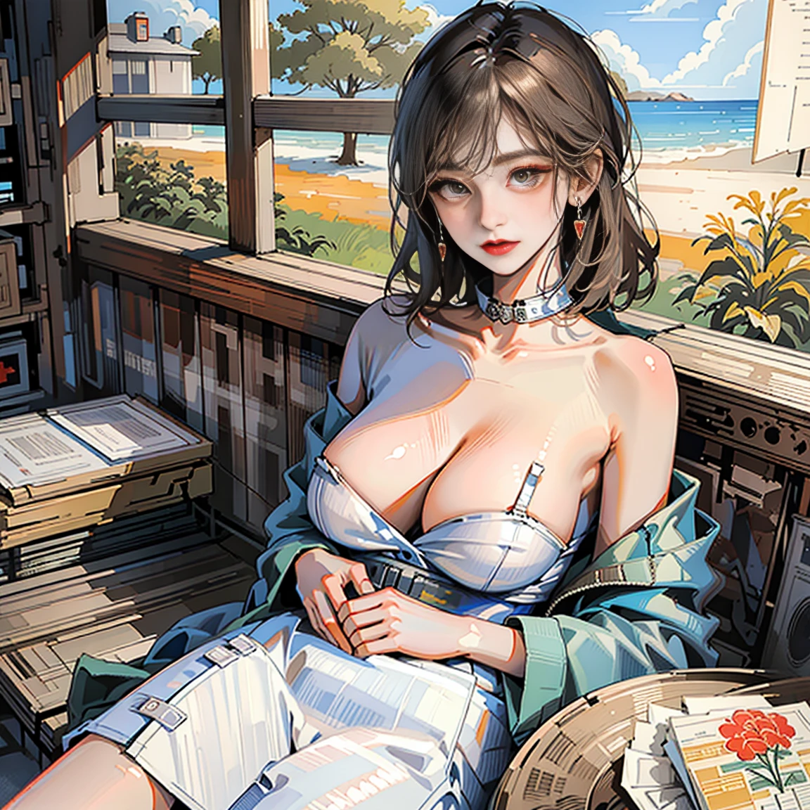 Ultra-realistic CG ,((premium、8K、32k、masterpiece)), (Ultra-thin illustration)、(Ultra-high resolution), (((1 female:1.5))), Brooklyn's Gladiadores, (( Short Hair Bob )), Dark red with white stars and blue and white stripes, (((Image from the knees up))), Short white blonde hair, In the background、 Intricate designs painted by Shepard Fairey、mean smirk、