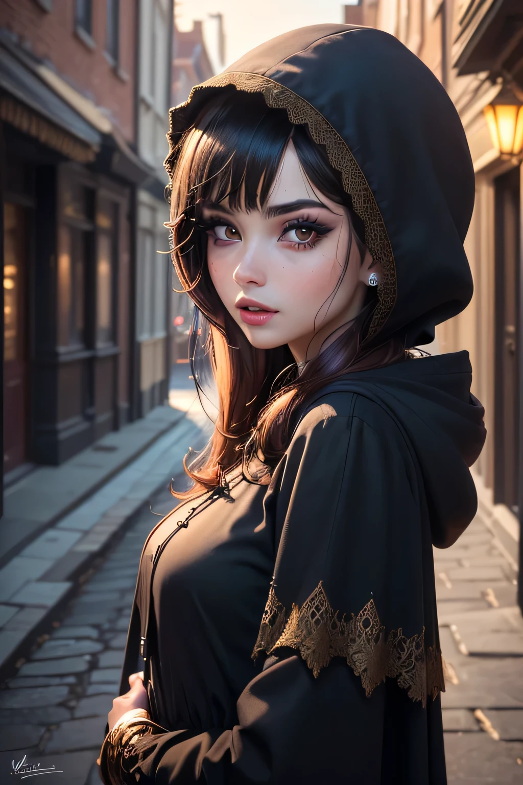 ((best quality)), ((masterpiece)), (detailed), Prize-winning works, with incredible details, maximum textures and details, cloak and hood ,A murderous woman ,dressed in black clothes , vestida com cloak and hood negros ,(fallen killer girl beautiful woman:1.1,detailedeyes, face detailed, whole body:1.1,the background of the space is an old and dark street),(best qualityer:1.2,ultra detali:1.1,realisitic:1.37),urban decay style,eyeshadows,hidden identity,sharp focus,swirly vibrant colors,moonlights), (twilight), (natta), 8K