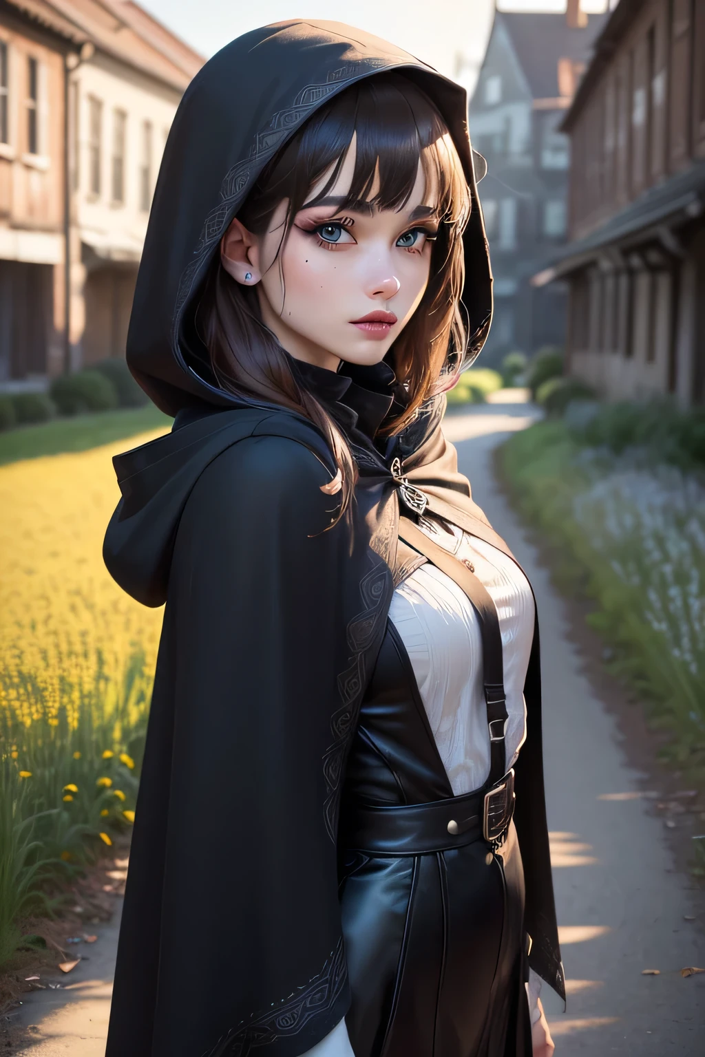 ((best quality)), ((masterpiece)), (detailed), Prize-winning works, with incredible details, maximum textures and details, cloak and hood ,A murderous woman ,dressed in black clothes , vestida com cloak and hood negros ,(fallen killer girl beautiful woman:1.1,detailedeyes, face detailed, whole body:1.1,the background is meadow ),(best qualityer:1.2,ultra detali:1.1,realisitic:1.37),urban decay style,eyeshadows,hidden identity,sharp focus,swirly vibrant colors,moonlights), (twilight), (natta), 8K