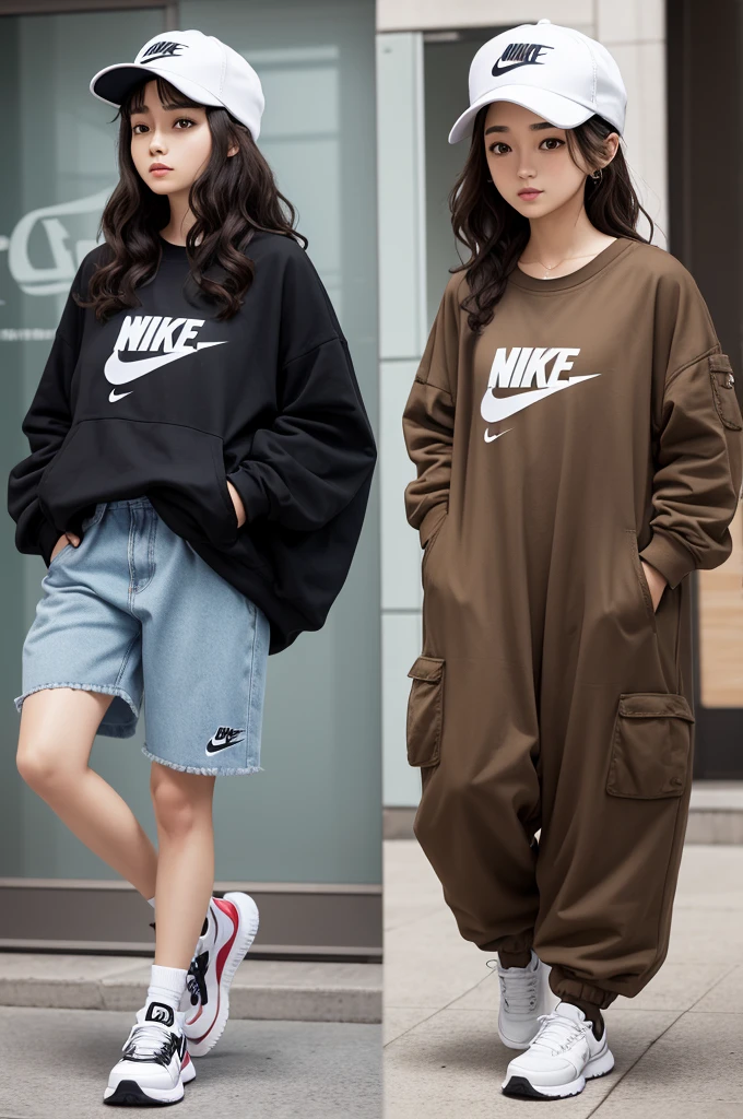 Fun loving character, wavy hair, brown eyes baggy clothes Nike shoes and hat female character 