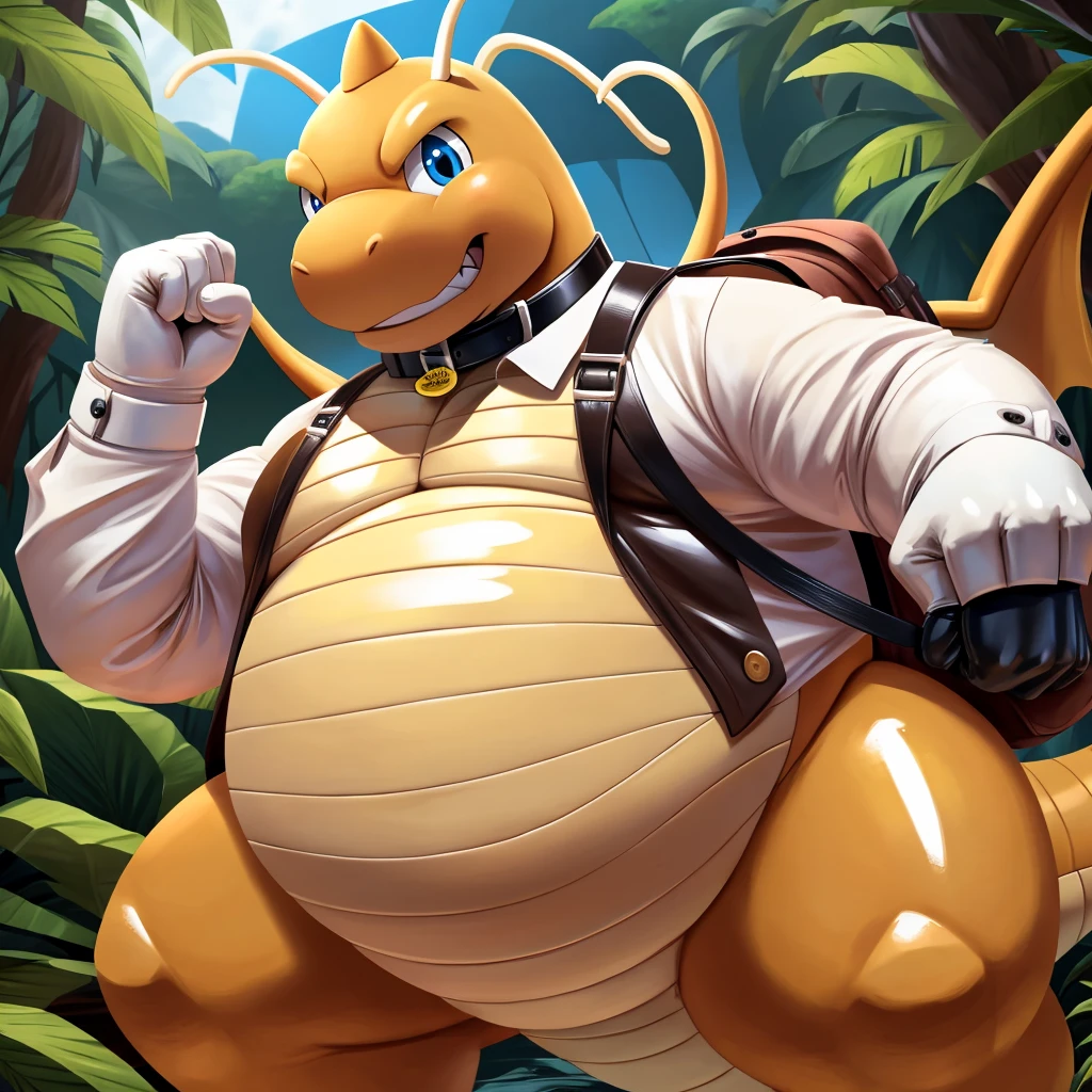 Solo, Male, fat, extremely obese, gentleman, dapper Professor Dragonite, blue eyes, (posing:1.3), (soft shading), 4k, hi res, ((detailed face, detailed)), looking at viewer, evil grin, jungle, forest, collared shirt with buttons, top hat, male focus, Explorer Outfit, glasses, monocle, bag, vest with buttons, backpack, sleeves rolled up, round eyewear, brown headwear, brown vest, Dragonite is wearing a glossy leather dog collar around the neck, Dragonite is wearing the leather collar and shirt and vest at the same time, Dragonite is wearing glossy white rubber gloves on the hands, wearing white rubber gloves on the feet, Dragonite is wearing glossy white cuffs around the wrists with cufflinks, gloves are rubber in texture, clenching teeth, clenching fists, leather collar is glossy and shiny with a lot of detail, Dragonite is wearing gloves and cuffs and cufflinks at the same time, leather collar has a round dog-tag, leather collar is thick and detailed.