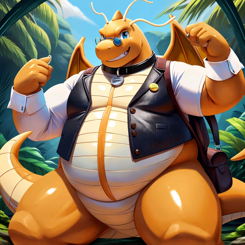 Solo, Male, fat, extremely obese, gentleman, dapper Professor Dragonite, blue eyes, (posing:1.3), (soft shading), 4k, hi res, ((detailed face, detailed)), looking at viewer, evil grin, jungle, forest, collared shirt with buttons, top hat, male focus, Explorer Outfit, glasses, monocle, bag, vest with buttons, backpack, sleeves rolled up, round eyewear, brown headwear, brown vest, Dragonite is wearing a glossy leather dog collar around the neck, Dragonite is wearing the leather collar and shirt and vest at the same time, Dragonite is wearing glossy white rubber gloves on the hands, wearing white rubber gloves on the feet, Dragonite is wearing glossy white cuffs around the wrists with cufflinks, gloves are rubber in texture, clenching teeth, clenching fists, leather collar is glossy and shiny with a lot of detail, Dragonite is wearing gloves and cuffs and cufflinks at the same time, leather collar has a round dog-tag, leather collar is thick and detailed.