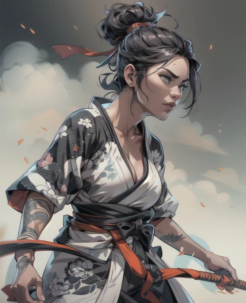 a powerful female samurai warrior, wearing a detailed black and white kimono with heavy ink outlines, freckles and a smirk on her full lips, blindfolded and looking down on the viewer with a serious expression, in a power stance with a bow, surrounded by clouds, dynamic high contrast lighting, detailed paint strokes, cartoony/JoJo style, close-up face, small breasts, soaked, (best quality,4k,8k,highres,masterpiece:1.2),ultra-detailed,(realistic,photorealistic,photo-realistic:1.37)