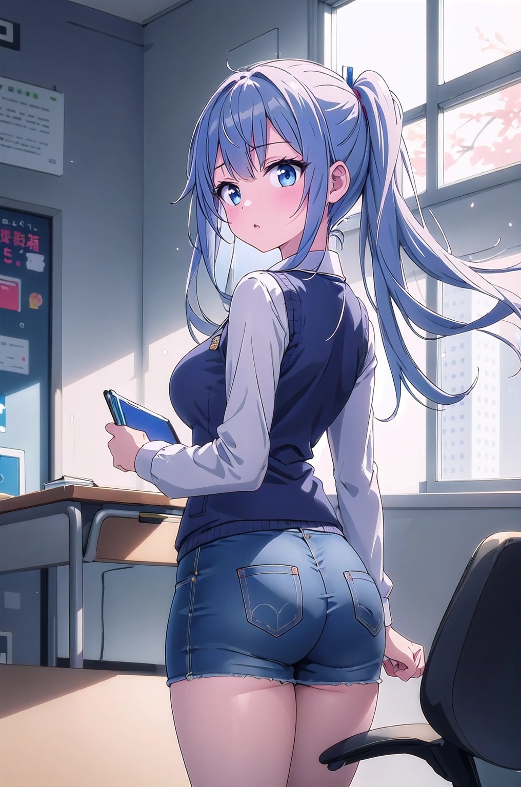 (8K, 最高quality, Tabletop:1.2)、超High resolution、Bright blue hair、blue eyes、 girl、Small breasts、Braided half bob hair、uniform、Me in a knitted cardigan、 girl、Looks about 、Petan Musume、In the classroom、(missionary, 1boy, penis, lying, vaginale, ass pov,sex, nsfw)、quality, High resolution, Very detailed, Detailed Background, Perfect lighting、masterpiece、Best image quality、最高quality、、 (cryin) ,Cute Characters, Most detailed, 高quality、nose blush、steam、Oblique angle、Shiny Hair、Very fine and beautiful bright eyes、 scared、Very detailed, clear and beautiful face、Slender body、Awards, Anatomically correct、((Scared))