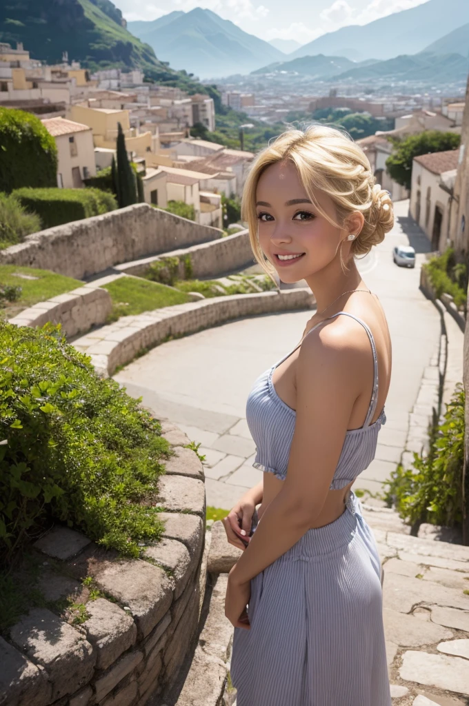 A with light skin, blonde hair, semi-updo, smile on her face, looking 3 , with a scenery of Poá behind her