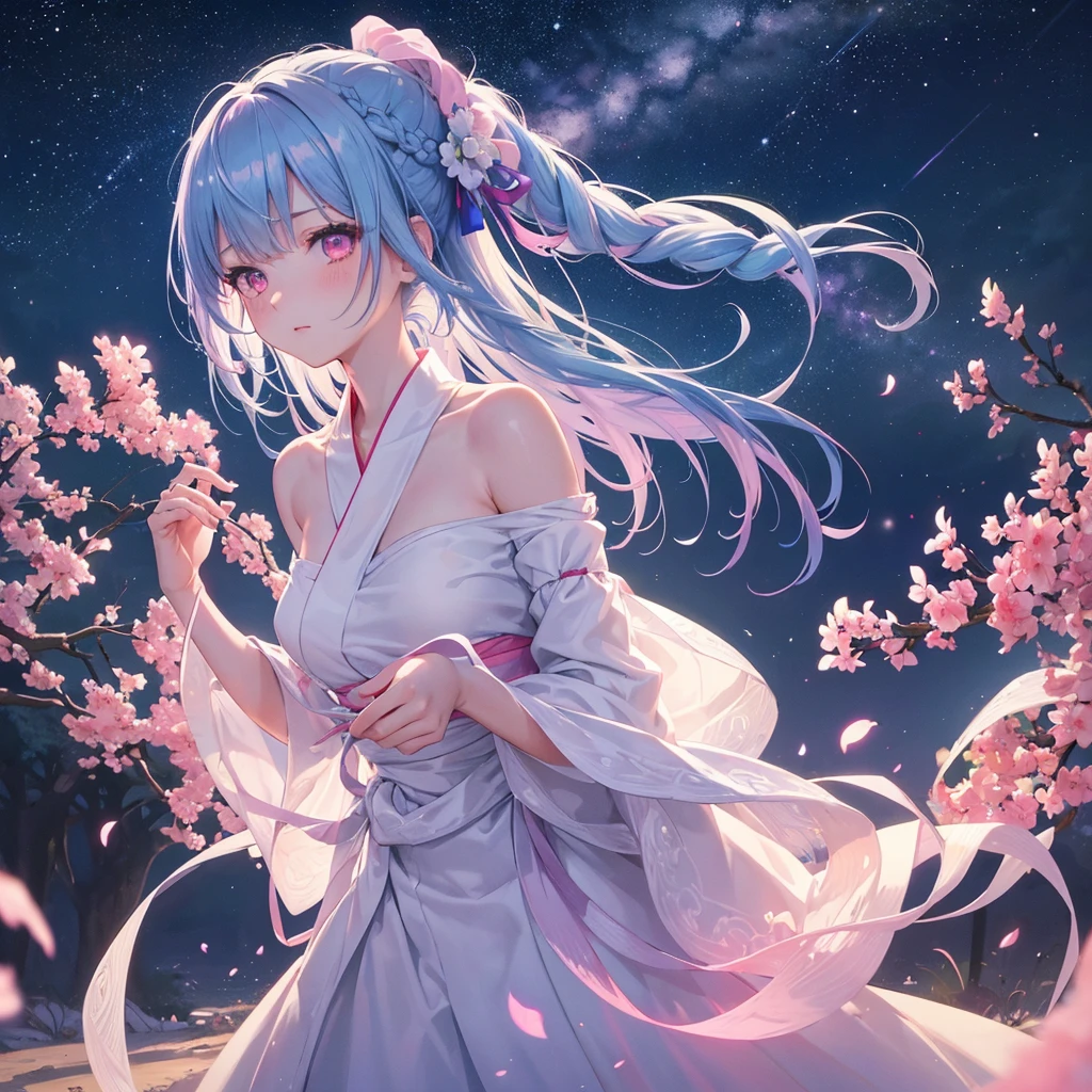 Sky blue hair, (One braided ponytail),(Pink Eyes),Fair skin ,(whole body),(One girl),White yukata,Tanabata,(The Milky Way in the night sky),Hollow Eyes,Blushing,Straight bangs,,Wedding dress,(masterpiece, Highest quality, Very detailed, Best Shadow), (Detailed Background), (Beautifully detailed face), High Contrast, (Best lighting, Very delicate and beautiful), ((Cinematic Light)), colorful, Hyper Detail, Dramatic Light, Intricate details,Reaching out,