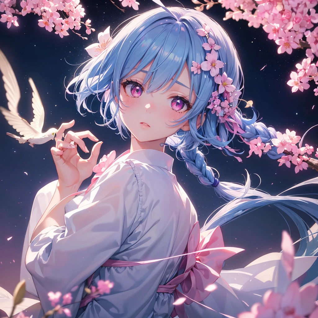 Sky blue hair, (One braided ponytail),(Pink Eyes),Fair skin ,(whole body),(One girl),White yukata,Tanabata,(The Milky Way in the night sky),Hollow Eyes,Blushing,Straight bangs,,Wedding dress,(masterpiece, Highest quality, Very detailed, Best Shadow), (Detailed Background), (Beautifully detailed face), High Contrast, (Best lighting, Very delicate and beautiful), ((Cinematic Light)), colorful, Hyper Detail, Dramatic Light, Intricate details,Reaching out,