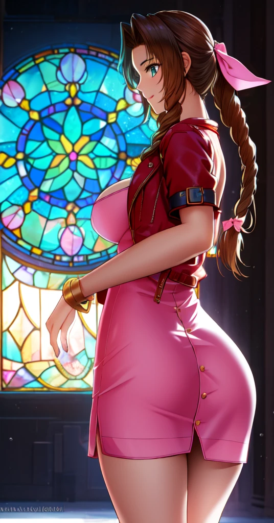 ​masterpiece, best qarity, Aerith Gainsborough, She is standing, she is raised, short dress, Athletic build, thin waste, broad hips, perky ass, gargantilha, Short jacket, hair bow, bracelet, pink dress, spectator side, smile, mouth shut, inside, stained glass, legs thick, big boobies, very short dress, she is standing, She is standing, photo studio scenery, lighting, professional foto,