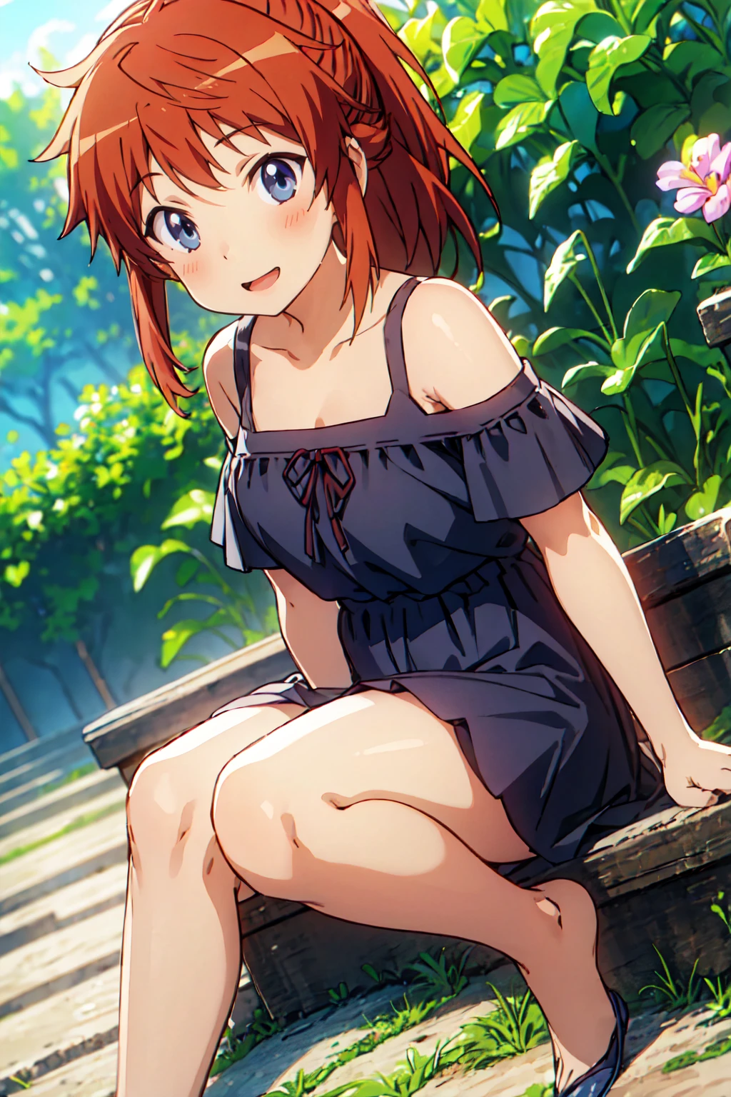 (highly detailed CG illustration), (masterpiece), (best quality), (ultra detailed), (illustration), (1female), Fashion model, (detailed background), (ultra detailed body), (beautiful detailed body), (highly detailed body), beautiful detailed eyes, delicate beautiful face, Floating,(high saturation),(colorful splashes),colorful bubble,(shining), focus on face, floating flowers, floating hairs, (shining), best lighting, best shadow, 1female solo, solo, full body, (highly detailed CG illustration), blue_eyes, blush, brown_hair, bangs, closed_mouth, ponytail, ribbon, hair_ribbon, red_hair, koshigaya_natsumi_nonnonbiyori, very seductive pose, very cute smile, 1girl, arm support, between legs, black scrunchie, blue dress, blush, open mouth, collarbone, dress, hand between legs, off-shoulder dress, off shoulder, short dress, short sleeves, sitting, smile, solo
