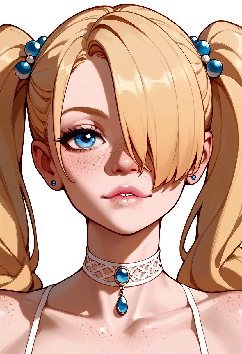 score_9,score_8_up,score_7_up,score_6_up,score_5_up,score_4_up,
1girl, pretty girl, blonde hair, in twintails, hair over 1 eye, cute nose. biting lip, seductive, white choker, pink lips, freckles,