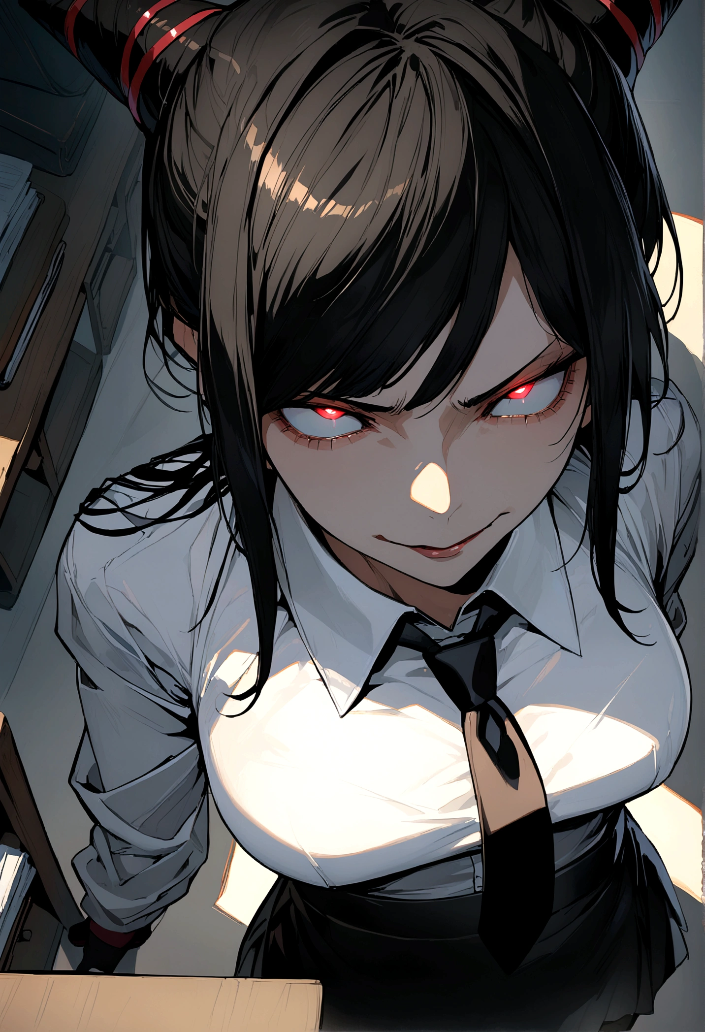 Juri Han, artwork, tight white secretary shirt with black tie, black high-waist skirt, skirt short,sock, Bblack hair, blackstockings,evil smile,DESK,bangs on the eyes,lighting,horn of hair,from above view,staring overhead