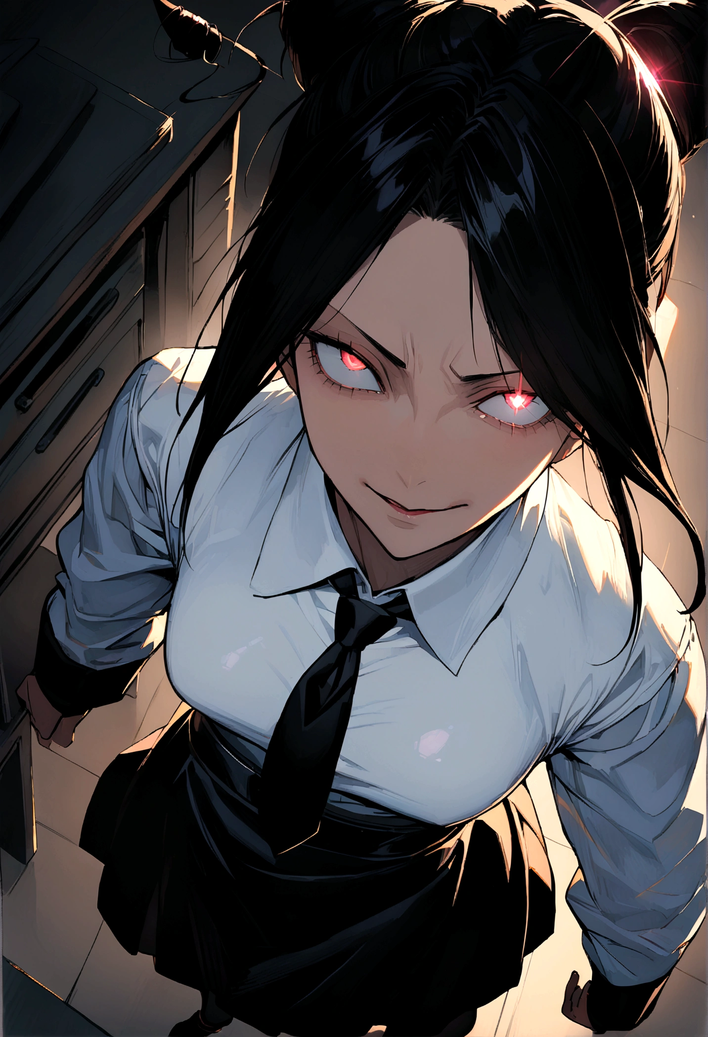 Juri Han, artwork, tight white secretary shirt with black tie, black high-waist skirt, skirt short,sock, Bblack hair, blackstockings,evil smile,DESK,bangs on the eyes,lighting,horn of hair,from above view,staring overhead
