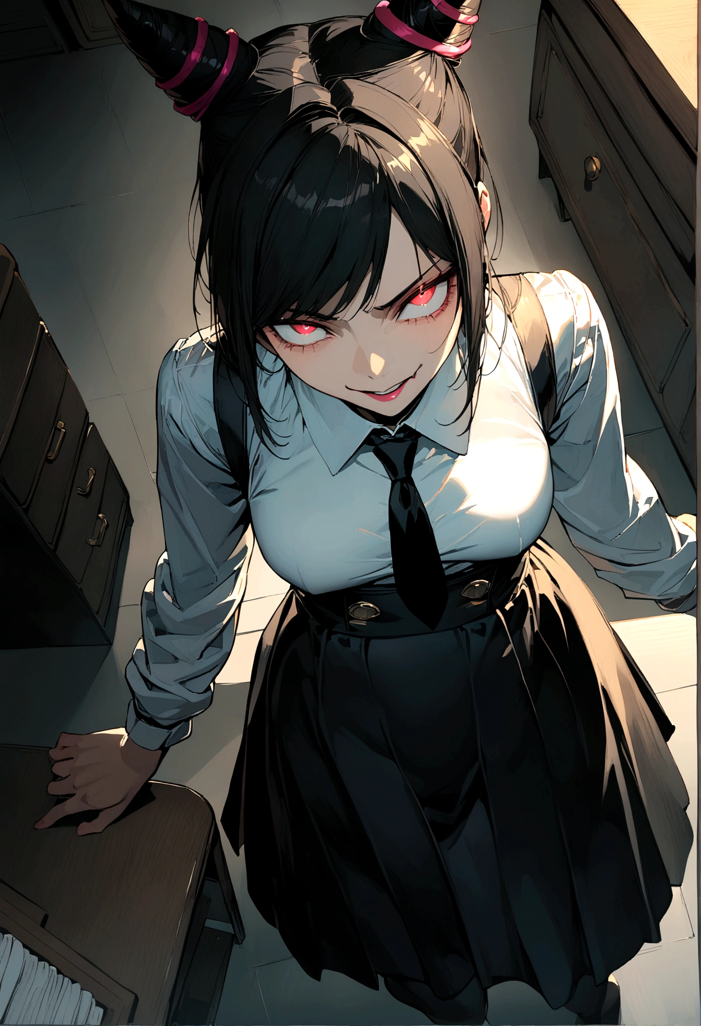 Juri Han, artwork, tight white secretary shirt with black tie, black high-waist skirt, skirt short,sock, Bblack hair, blackstockings,evil smile,DESK,bangs on the eyes,lighting,horn of hair,from above view,staring overhead