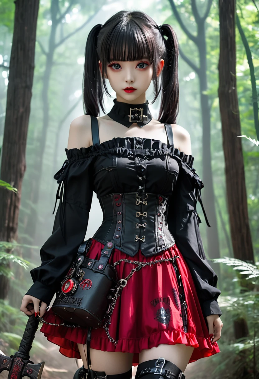 Black twin tails、Wear a black off-the-shoulder ****ta chiffon blouse、Wear a black steampunk corset、Wear a black gothic mini skirt、Gothic Forest、With a huge tomahawk、girl、whole body、The word &quot;life&quot; is written in red on his shoulder、Cyberpunk art