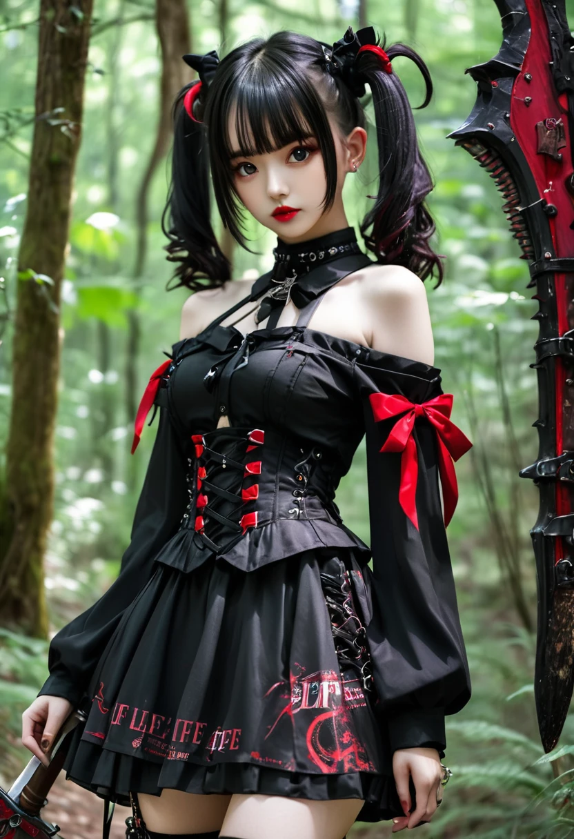 Black twin tails、Wear a black off-the-shoulder ****ta chiffon blouse、Wear a black steampunk corset、Wear a black gothic mini skirt、Gothic Forest、With a huge tomahawk、girl、whole body、The word &quot;life&quot; is written in red on his shoulder、Cyberpunk art