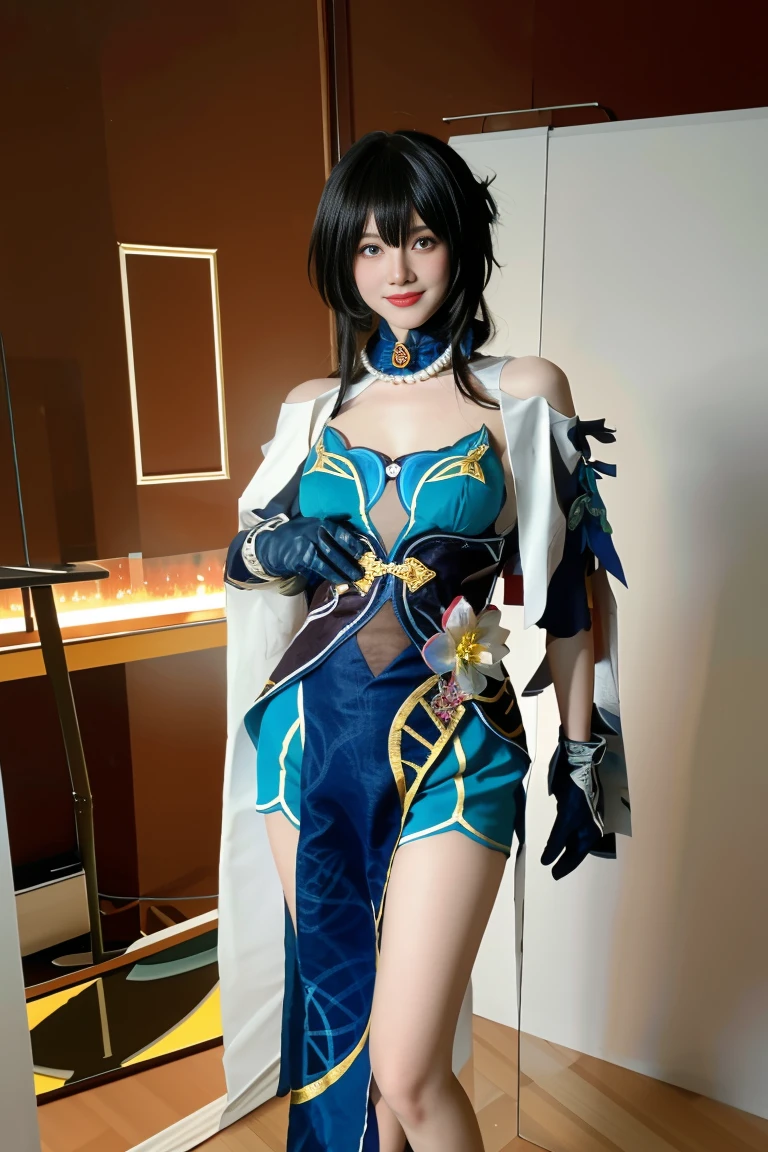 best quality, tmasterpiece,Ultra-high resolution,Clear face,(Reality:1.4),ferpect lighting,upper body photo), (photorealistic:1.50), anime wallpaper, Guviz style artwork, cover-up fantasy up to magic , by Yang J, Guviz, beautiful artwork illustration, beautiful digital artwork, beautiful digital illustration, Li Song, beautiful anime portrait, art style in Beauvot, 1girl, 独奏, full body, looking at viewer, smiling, closed mouth, bangs, hair between eyes, RUANMEI cosplay costume, chinese dress, chinese clothing, cosplay, RUANMEI, dress, gloves, elbow gloves, hair decoration, jewelry, high heels, indoor, In the room, standing,