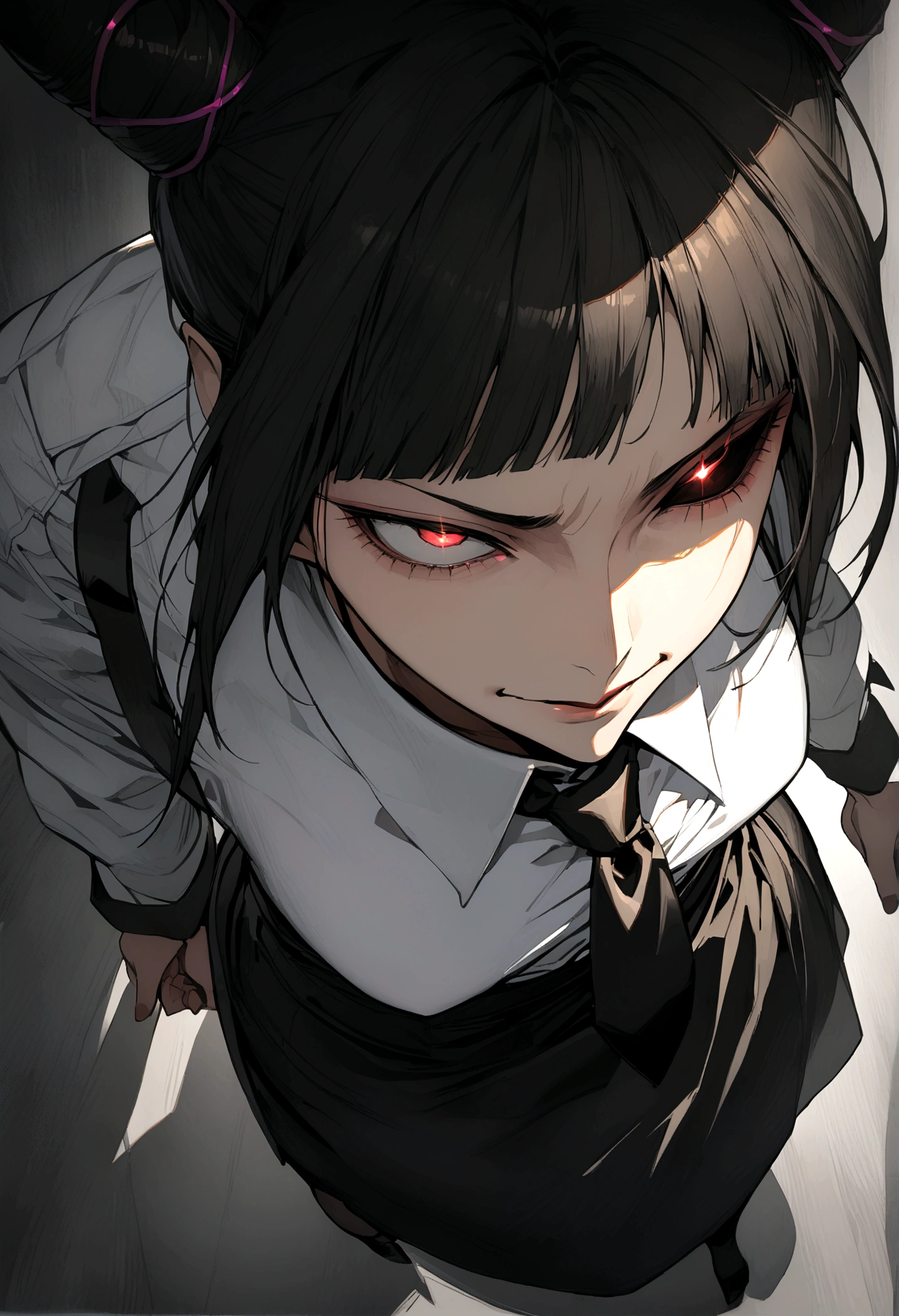 Juri Han, artwork, tight white secretary shirt with black tie, black high-waist skirt, skirt short,sock, Bblack hair, blackstockings,evil smile,,bangs on the eyes,lighting,horn of hair,from above view,staring overhead