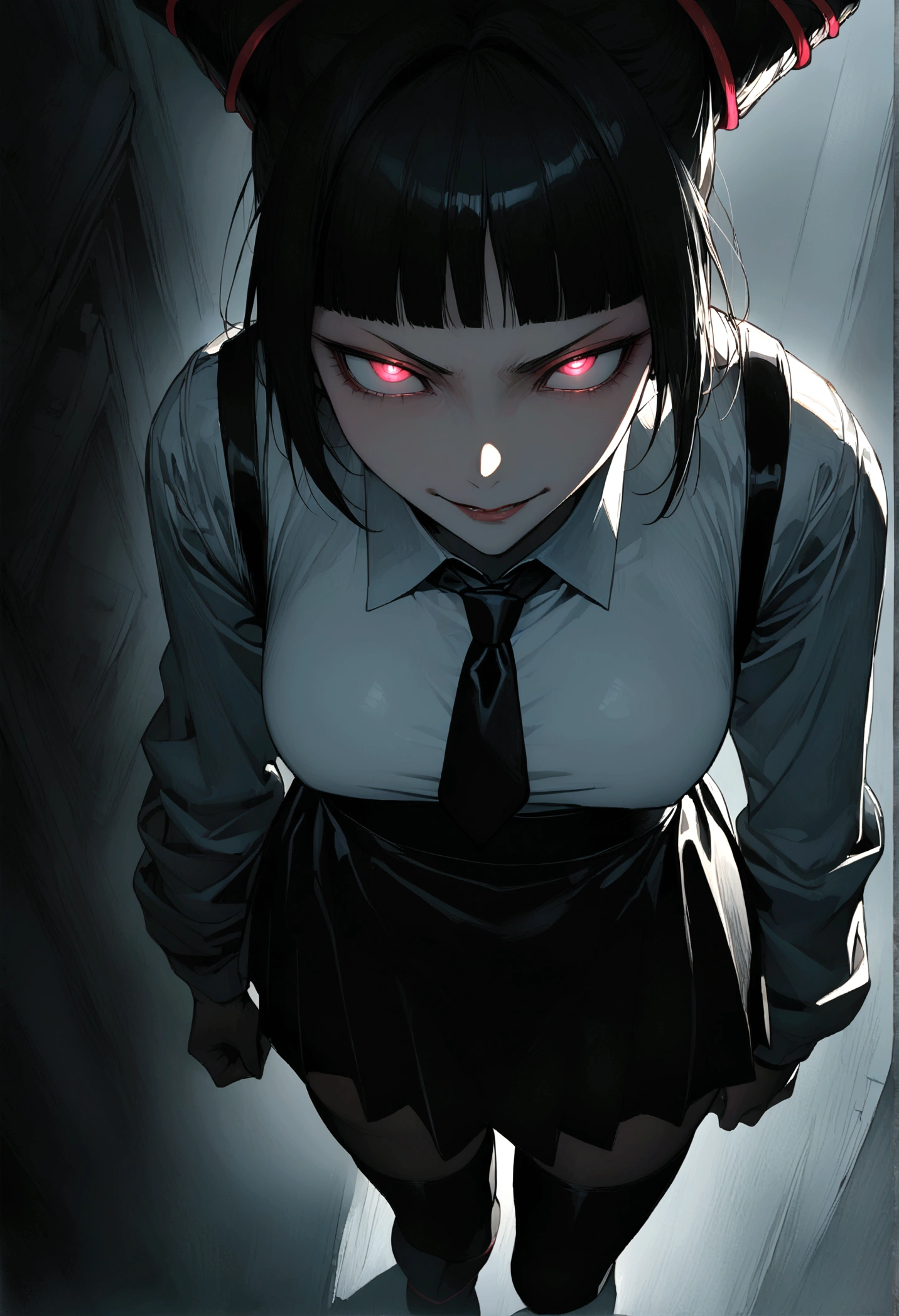 Juri Han, artwork, tight white secretary shirt with black tie, black high-waist skirt, skirt short,sock, Bblack hair, blackstockings,evil smile,,bangs on the eyes,lighting,horn of hair,from above view,staring overhead