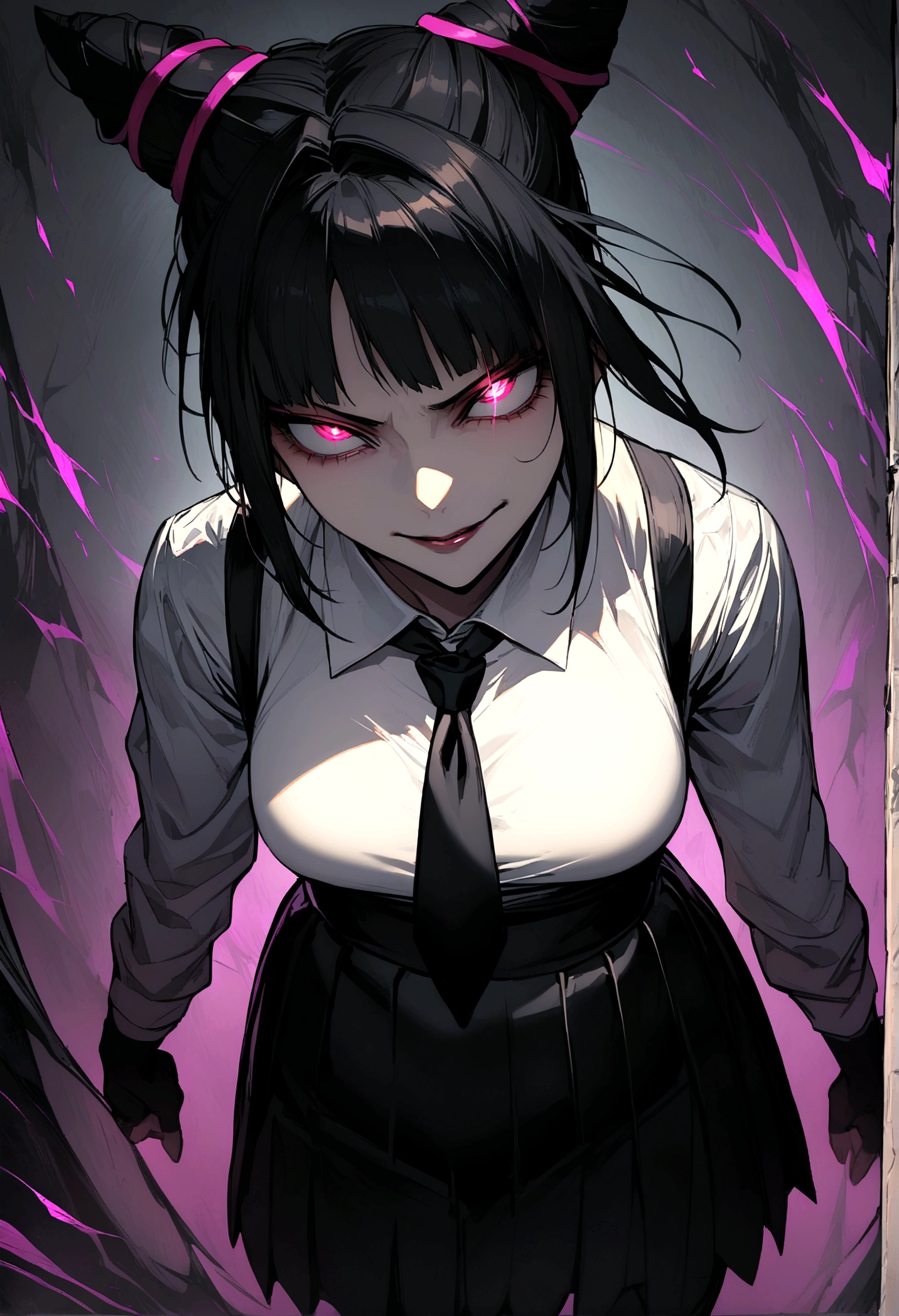 Juri Han, artwork, tight white secretary shirt with black tie, Bblack hair,evil smile,DESK,bangs on the eyes,lighting,horn of hair,glowing purple eye,hands in pocket,legging pants