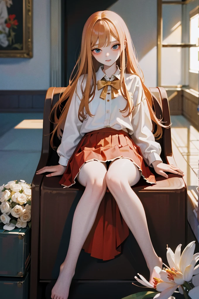 masterpiece, Highest quality, 8k wallpaper, Very detailed, A girl about , (Golden Hair:1.1), Long Hair, fine grain、(Red Skirt)、 White dress shirt,(A single large red flower hair ornament:1.1)，Light blue eyes、drunken eyes ，looking down、embarrassed，ceiling，nature background、open vagina，sit astride，indian style，(skirt lift:1.0)、showing panties，(panties aside:1.2)
