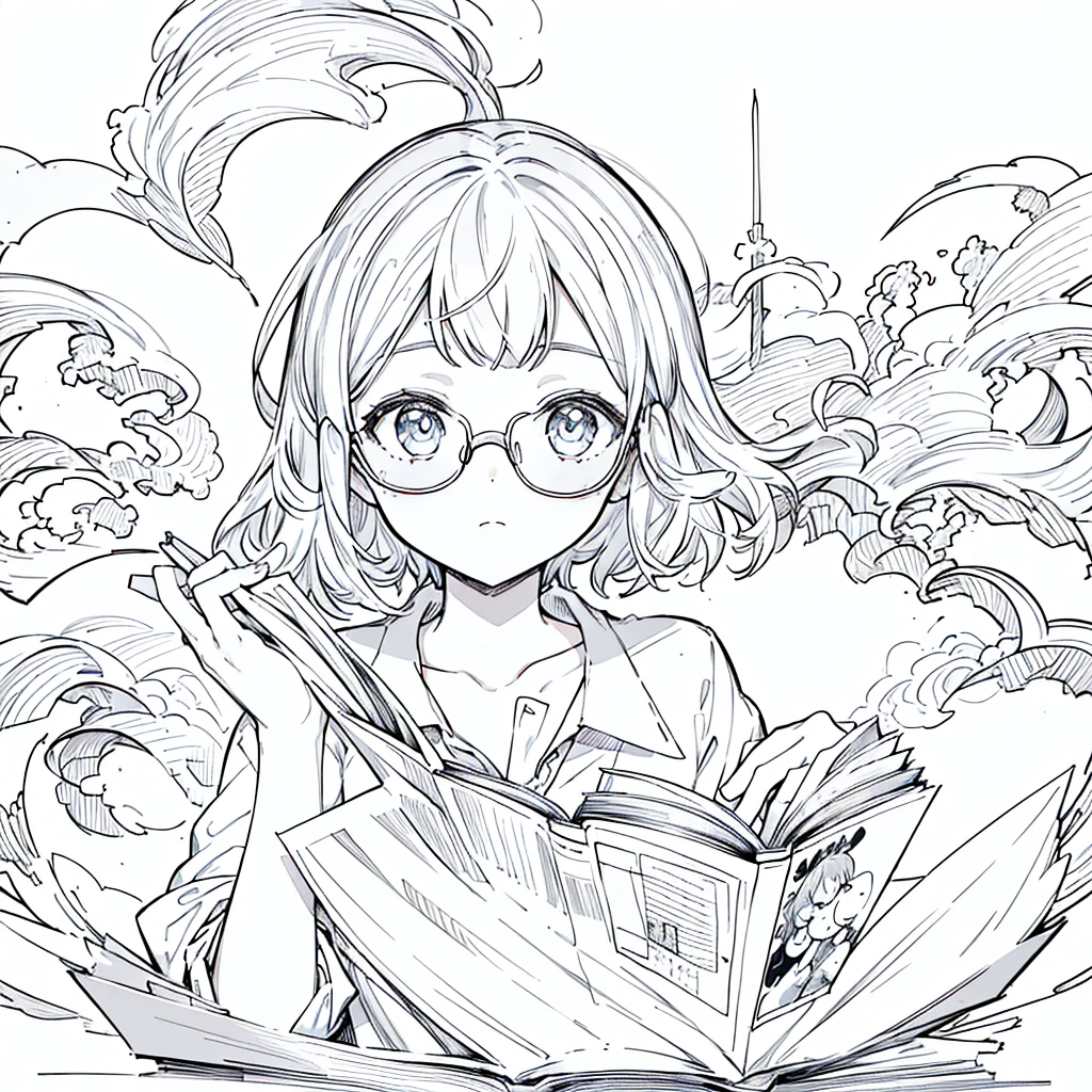 A girl,close up, wearing white shirt, reading a book, (best quality:1.3), (highres:1), (detailed:1.3), (incredible:1.3), (perfect:1.3), (perfection:1.3), (illustration:1.3), she's getting fun while reading it, dynamic on scene,Wear glasses