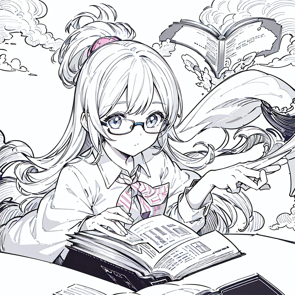 A girl,close up, wearing white shirt, reading a book, (best quality:1.3), (highres:1), (detailed:1.3), (incredible:1.3), (perfect:1.3), (perfection:1.3), (illustration:1.3), she's getting fun while reading it, dynamic on scene,Big Breasts、Glasses