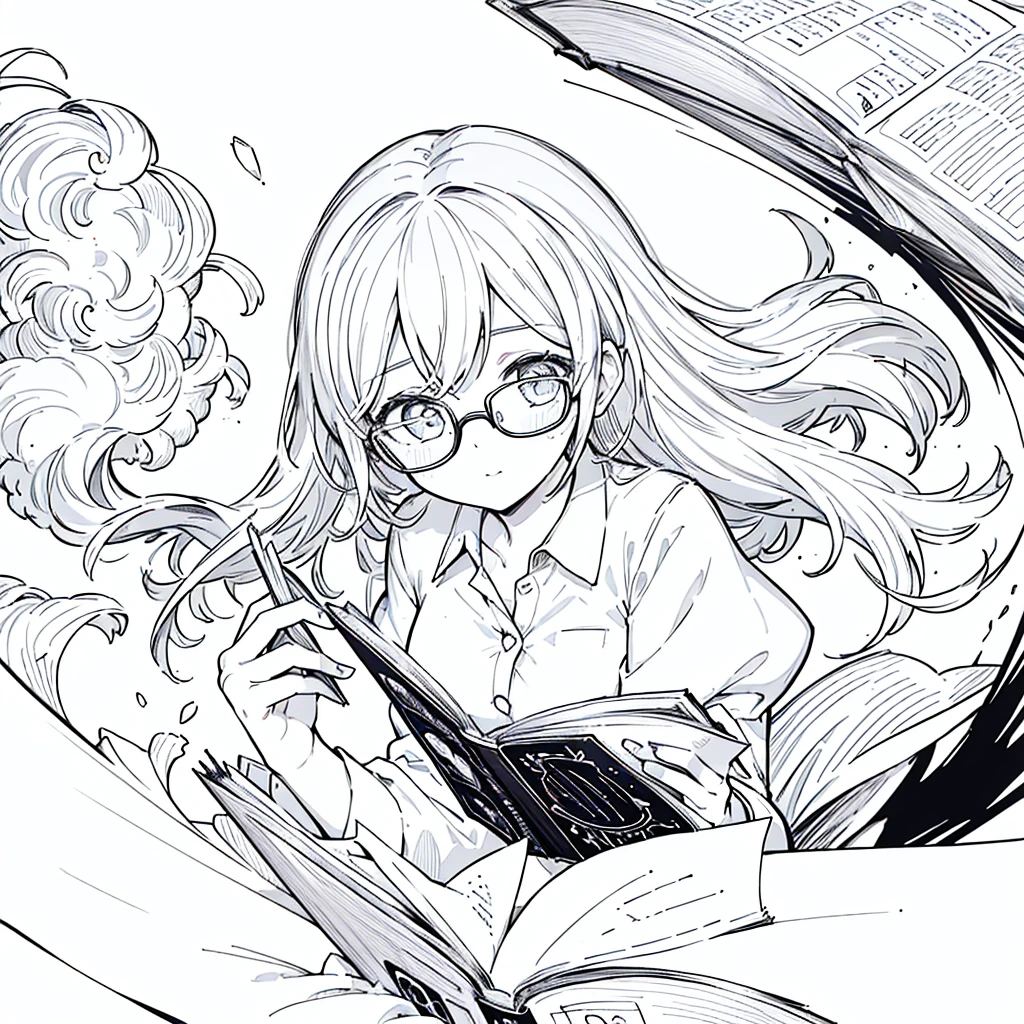 A girl,close up, wearing white shirt, reading a book, (best quality:1.3), (highres:1), (detailed:1.3), (incredible:1.3), (perfect:1.3), (perfection:1.3), (illustration:1.3), she's getting fun while reading it, dynamic on scene,Wear glasses