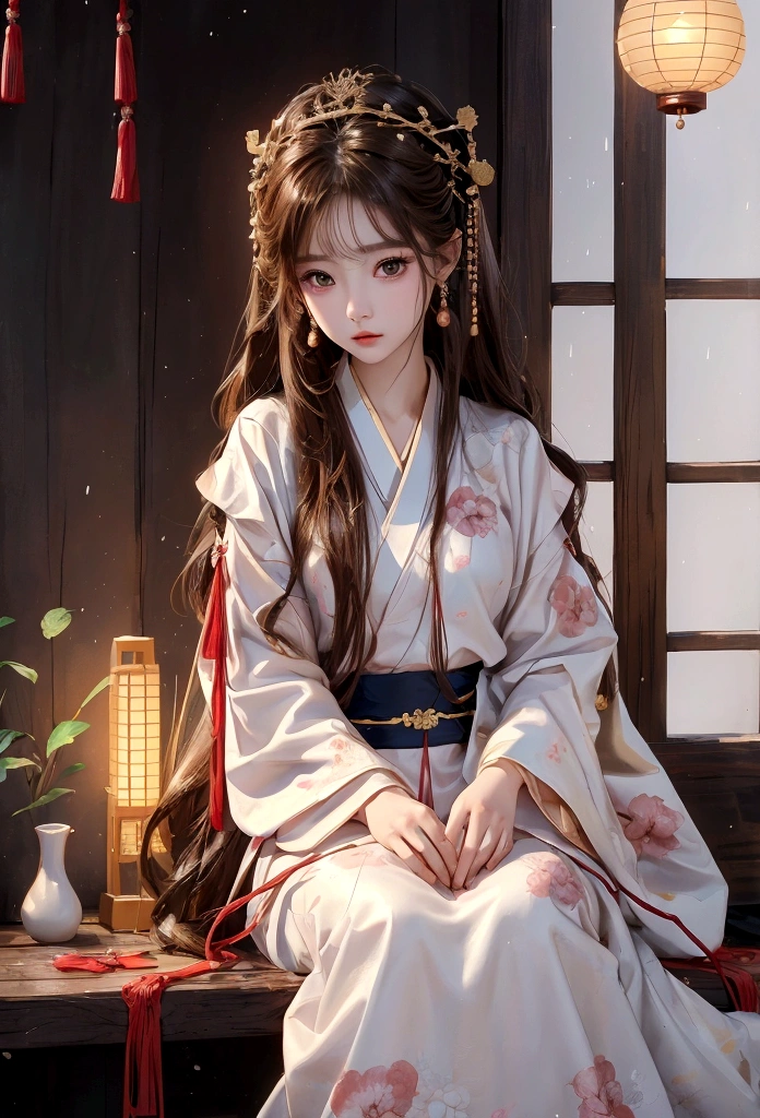 Best image quality、8K、masterpiece：1.3))、Realistic high-quality photos、Highest quality、Girl cute beautiful face、Beautiful 15 year old Japanese girl、Photos of slim models、Beautiful girl model、若いJapanese girl、Young and pretty face、Japanese girl、15 year old female model、Beautiful model girl、The innocent look of the girl next door、A lovely and delicate face、Brown Hair、Beautiful brown eyes、Tear bags、drooping eyes、Young Body、(Finely scattered splashes of color), (figure),(((1 Girl))),(Long Hair),(rain:0.9), (Headdress: 1.4), There is an ancient palace next to the girl., Hanfu, (emphasize),  ink painting, (Spattered colors), Spattered colors, (((colorful))), (sketch: 0.8), Tabletop, Highest quality, Beautifully drawn, verydetailedな,(Noise Reduction:0.6),[Splash Ink],((Ink Refraction)), (美しくdetailedな空),moon,very,detailed,(Tabletop, Highest quality, verydetailedな)、Hands on knees