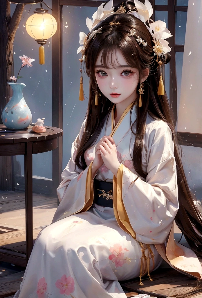 Best image quality、8K、masterpiece：1.3))、Realistic high-quality photos、Highest quality、Girl cute beautiful face、Beautiful 15 year old Japanese girl、Photos of slim models、Beautiful girl model、若いJapanese girl、Young and pretty face、Japanese girl、15 year old female model、Beautiful model girl、The innocent look of the girl next door、A lovely and delicate face、Brown Hair、Beautiful brown eyes、Tear bags、drooping eyes、Young Body、(Finely scattered splashes of color), (figure),(((1 Girl))),(Long Hair),(rain:0.9), (Headdress: 1.4), There is an ancient palace next to the girl., Hanfu, (emphasize),  ink painting, (Spattered colors), Spattered colors, (((colorful))), (sketch: 0.8), Tabletop, Highest quality, Beautifully drawn, verydetailedな,(Noise Reduction:0.6),[Splash Ink],((Ink Refraction)), (美しくdetailedな空),moon,very,detailed,(Tabletop, Highest quality, verydetailedな)、Hands on knees