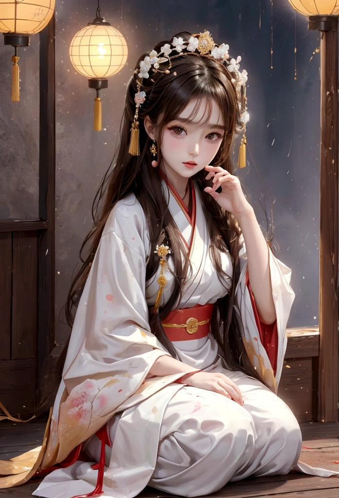 Best image quality、8K、masterpiece：1.3))、Realistic high-quality photos、Highest quality、Girl cute beautiful face、Beautiful 15 year old Japanese girl、Photos of slim models、Beautiful girl model、若いJapanese girl、Young and pretty face、Japanese girl、15 year old female model、Beautiful model girl、The innocent look of the girl next door、A lovely and delicate face、Brown Hair、Beautiful brown eyes、Tear bags、drooping eyes、Young Body、(Finely scattered splashes of color), (figure),(((1 Girl))),(Long Hair),(rain:0.9), (Headdress: 1.4), There is an ancient palace next to the girl., Hanfu, (emphasize),  ink painting, (Spattered colors), Spattered colors, (((colorful))), (sketch: 0.8), Tabletop, Highest quality, Beautifully drawn, verydetailedな,(Noise Reduction:0.6),[Splash Ink],((Ink Refraction)), (美しくdetailedな空),moon,very,detailed,(Tabletop, Highest quality, verydetailedな)、Hands on knees