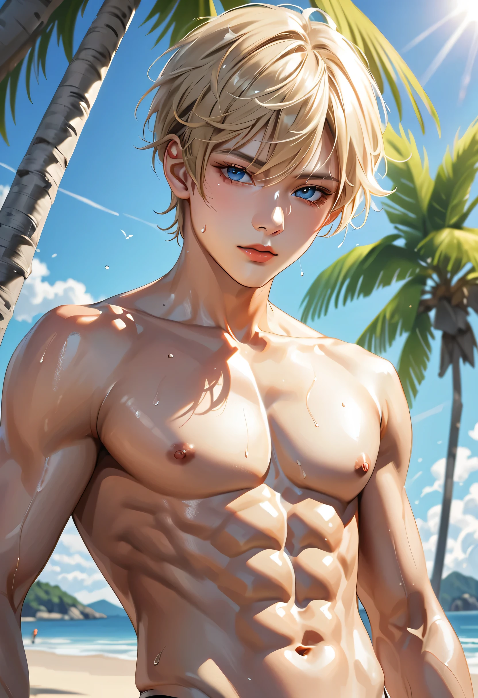 high quality, detailed, Realistic, (one  japanese boy), (detailed blue eyes), (abs:1.5), (shiny skin), detailed nipples, blond hair, (black tiny thong), (erected bulge), summer beach, (shame), close up face, (cum:1.4), (cum on chest),(cum on face),