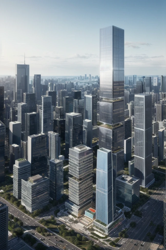 ((Best quality)), ((masterpiece)), ((realistic)), portray a towering highrise office building in a futuristic cityscape. Capture the bustling atmosphere and vibrant neon lighting. The modern and sleek architectural style should be emphasized, showcasing the building's grandeur. Use a digital rendering medium to create a photorealistic concept art. Employ cool tones like blue and silver to evoke a futuristic ambiance. Utilize CGI and ray tracing techniques for high-definition details