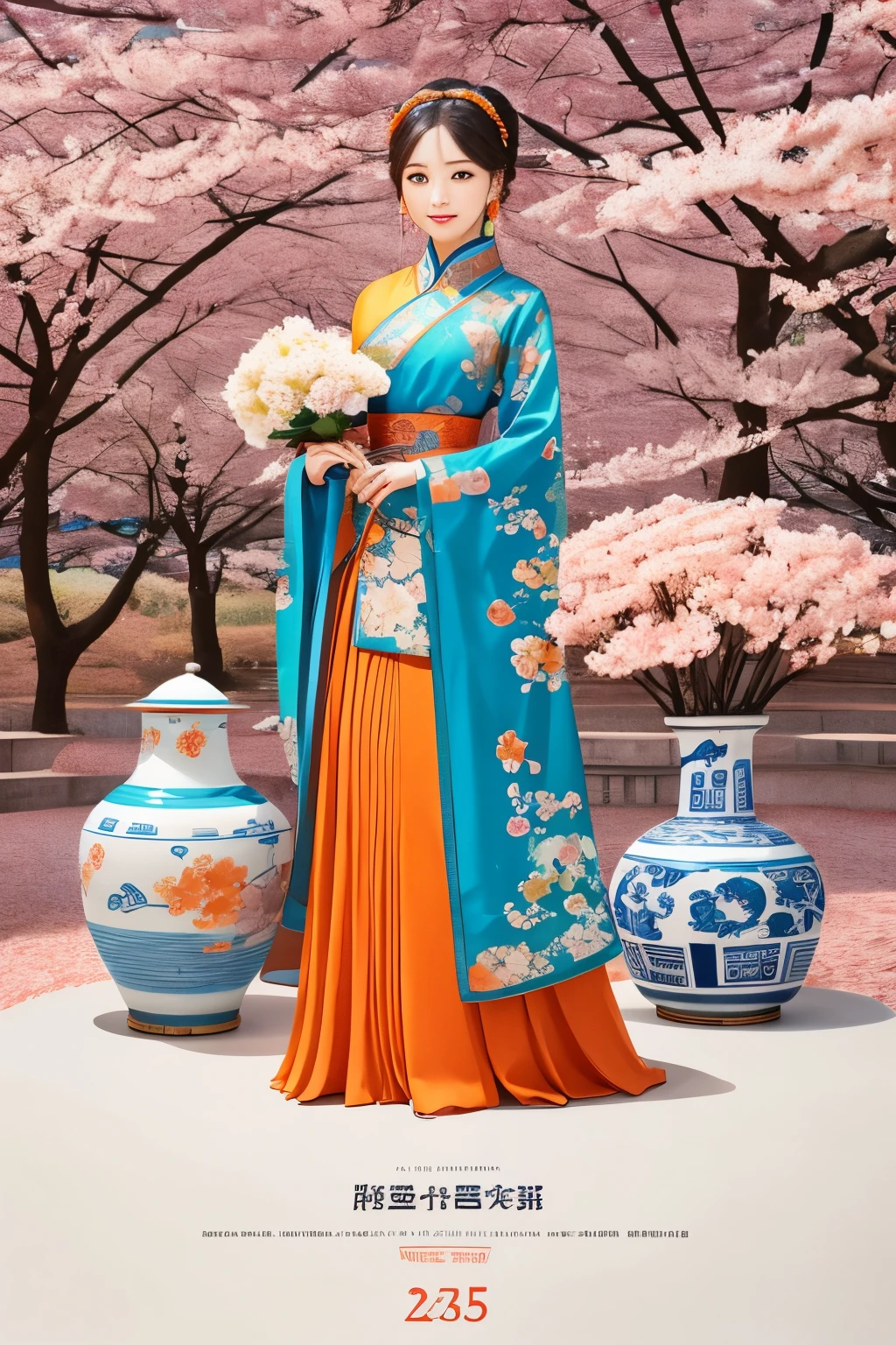 Light color,A poster for the exhibition of "a modern vase in Chinese style", featuring an illustration in the style of Chen Jialing, depicting a white porcelain jar with blue and orange patterns on it, adorned with traditional flower carvings. A girl stands next to her holding the white porcelain jar, surrounded by blooming cherry blossoms. The background is a warm red color that highlights details. --ar 3:4 --s 250 --niji 5