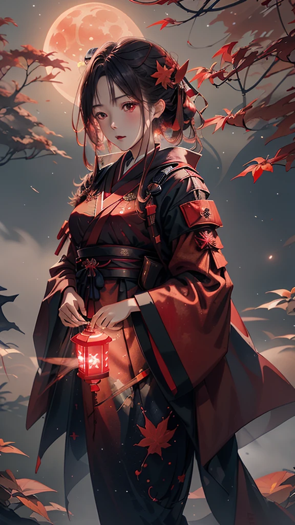 masutepiece, Best Quality,hight resolution, 1girl in, \(Red, Hanfu\), ((Moon)), Starry sky, (Lighting Particles), Fog, lantern, Autumn, Red Autumn leaves