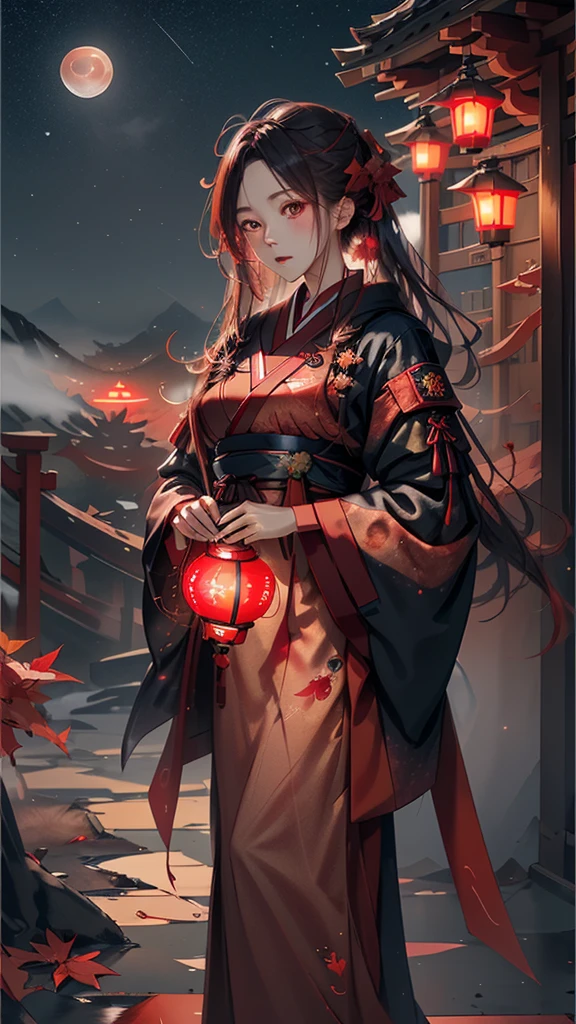 masutepiece, Best Quality,hight resolution, 1girl in, \(Red, Hanfu\), ((Moon)), Starry sky, (Lighting Particles), Fog, lantern, Autumn, Red Autumn leaves