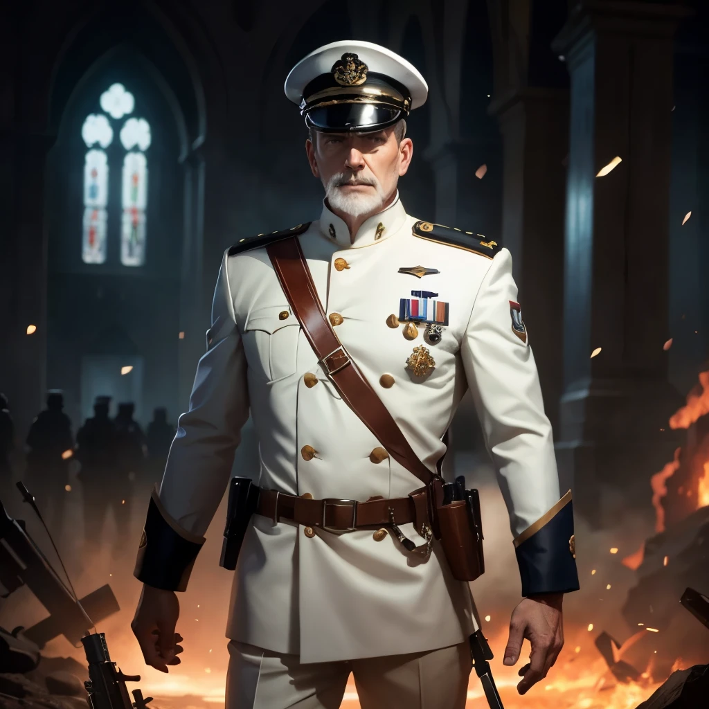 1 man, full body shot, character of the game Cal of Duty Modern Warfire, naval officer, 60-year old, wearing white naval uniform and captain cap, (medals: 1), white leather glove, stunning, tall, gray hair, short haircut, short white moustache, (epic pose), 