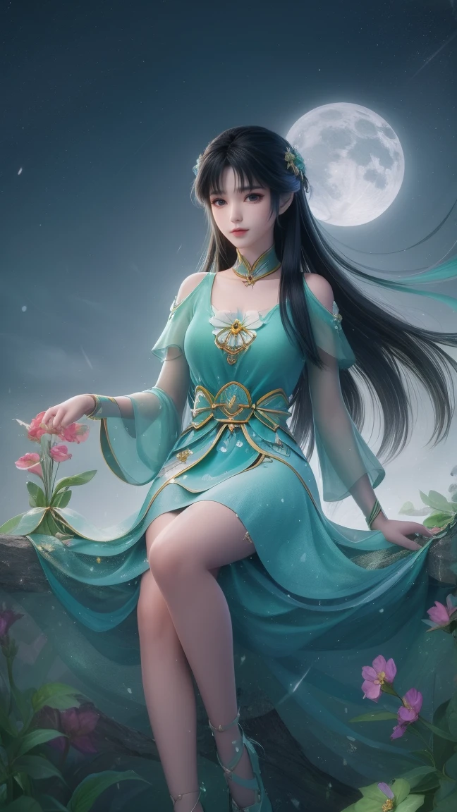 1girl, girl with long black hair, smiling, cheerful, girl is sitting among a wide expanse of flowers, surrounded by beautiful flowers, Calm and peaceful atmosphere, night, moonlight , Beautiful glowing butterflies surround the girl lighting up the darkness of the night, magic,Romantic, the night breeze blows the Sepoi Sepoi girl's hair,