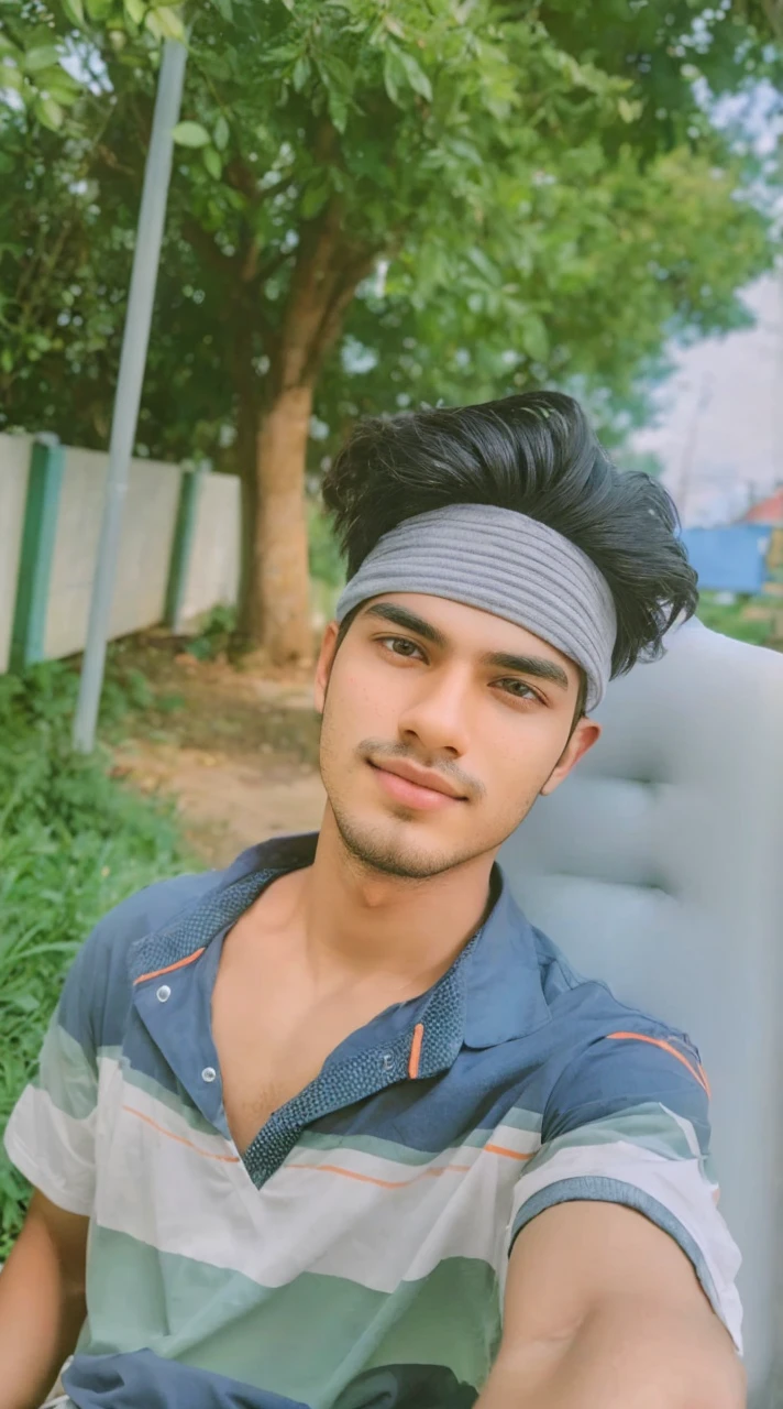 Create a 3D illusion for a profile picture where a 18 Year old smart boy in a white shirt Sitting casually on a Wingback chair. Wearing sneakers, he looks ahead. The background features "SURAJ" in big and canital Orange neon light fonts on the
