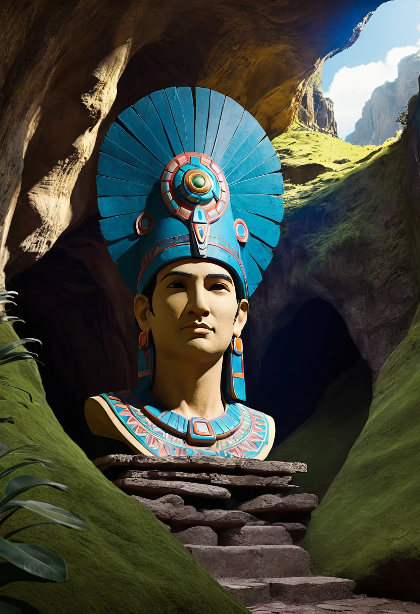 there is a statue of a man in a hat in a cave, cinematic cgsociety, in the art style of quetzecoatl, still image from the movie, giant head statue ruins, inspired by Karel Dujardin, inca themed smooth, travel ad, the witness