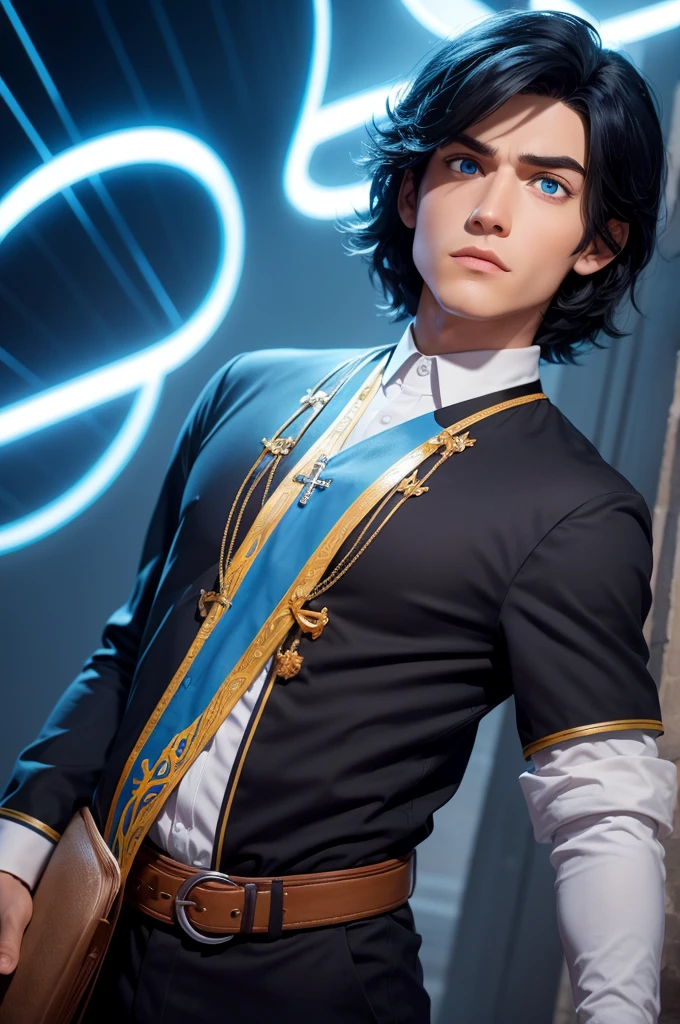 I would like a fun disney pixar character an emotion called Pentecostal with blue eyes black hair male with a bible in his right hand