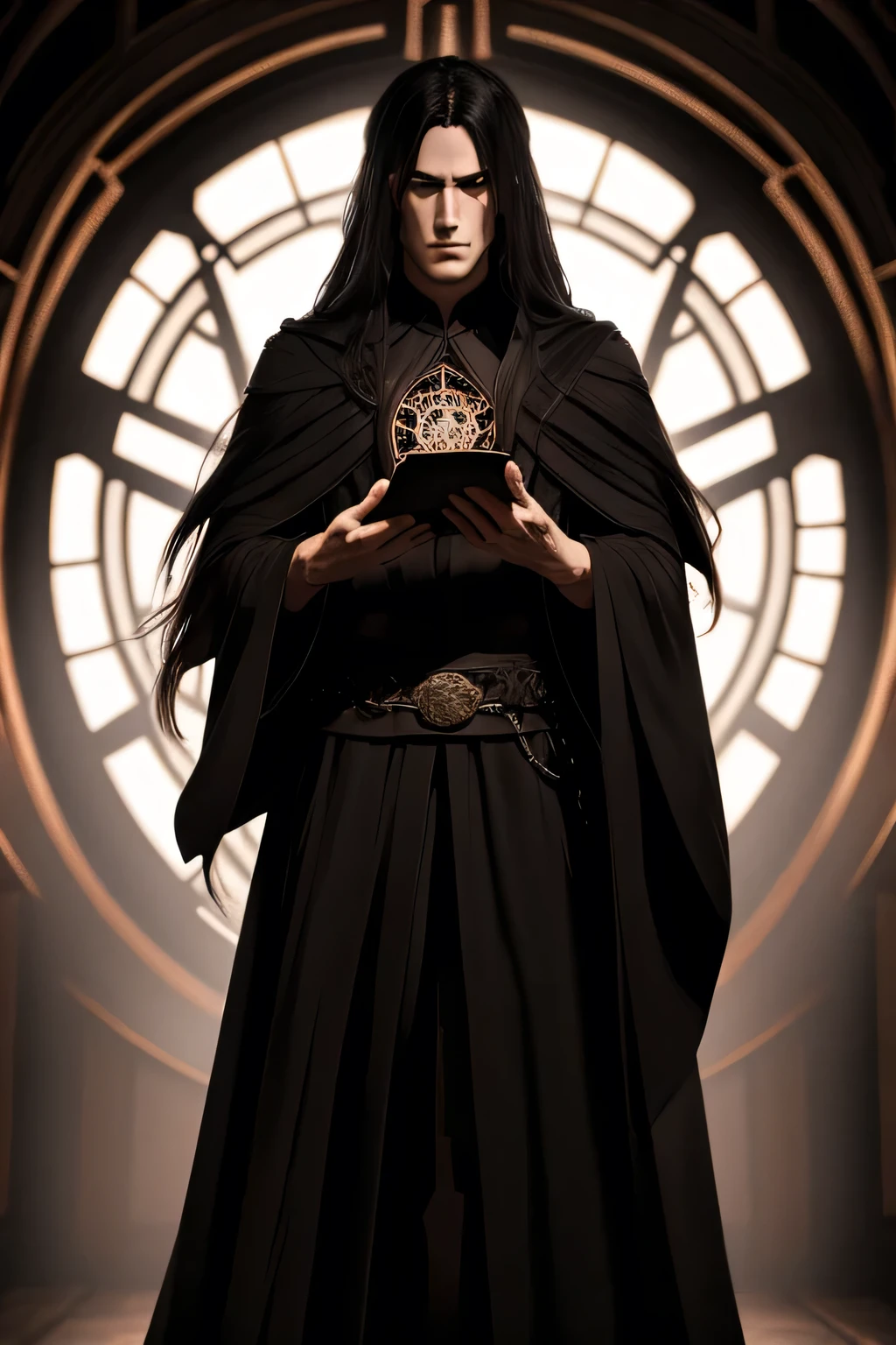 a young male occultist, gothic fantasy, long hair, deep-set eyes, black robe, arcane symbols, grimoire, enigmatic presence, high quality, 8k, intricate details, chiaroscuro lighting, moody atmosphere, dark and mysterious, dramatic, cinematic