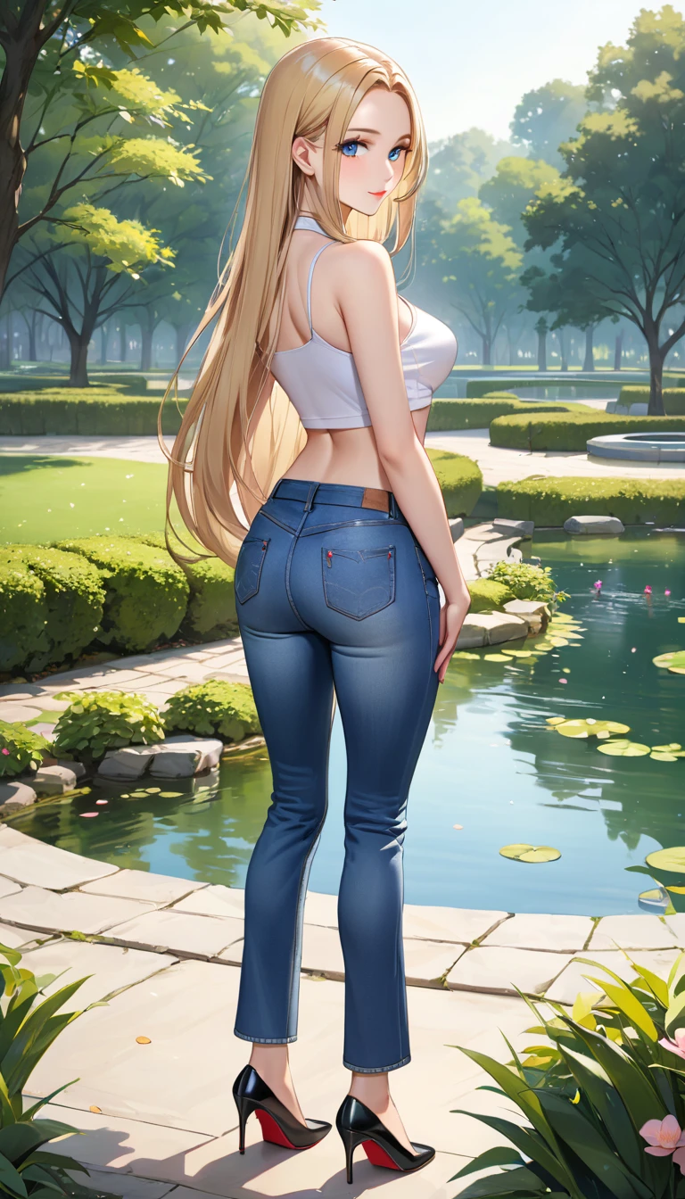 ((best quality, masterpiece:1.3, 8K)), (detailed), highly detailed face and skin texture, detailed eyes, from behind, (seductive pose:1.1), park, pond, full body, (slender body:1.1), 1girl, 25 years old, white skin, blue eyes, bright lips, seductive smile, blonde hair, straight hair, very long hair, (forehead:1.0), white croptop, medium breast, hard nipples, navel, jeans pants, (flares jeans:1.2), light blue jeans, black heels,