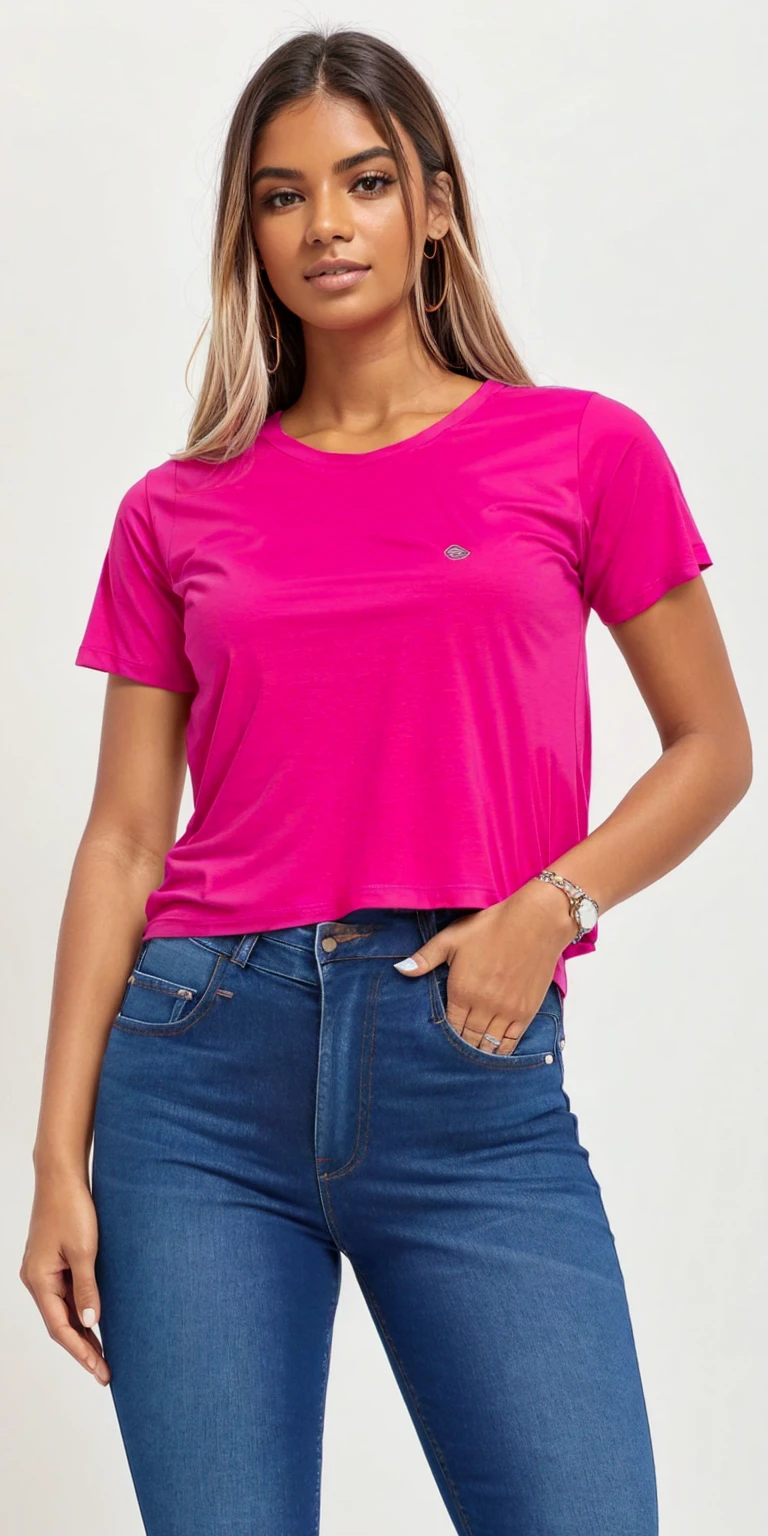 a woman wearing a rosa top and jeans, corte superior, rosa shirt, corte superior, neon rosa, hot rosa, camisa magenta, rosa, camiseta, camiseta, camiseta, with ripped crop camiseta, rosa clothes, rosa vibe, dayglo rosa, FÚCSIA, vibrant rosa, magenta, Roupa casual, rosa girl, ano 2 mil”